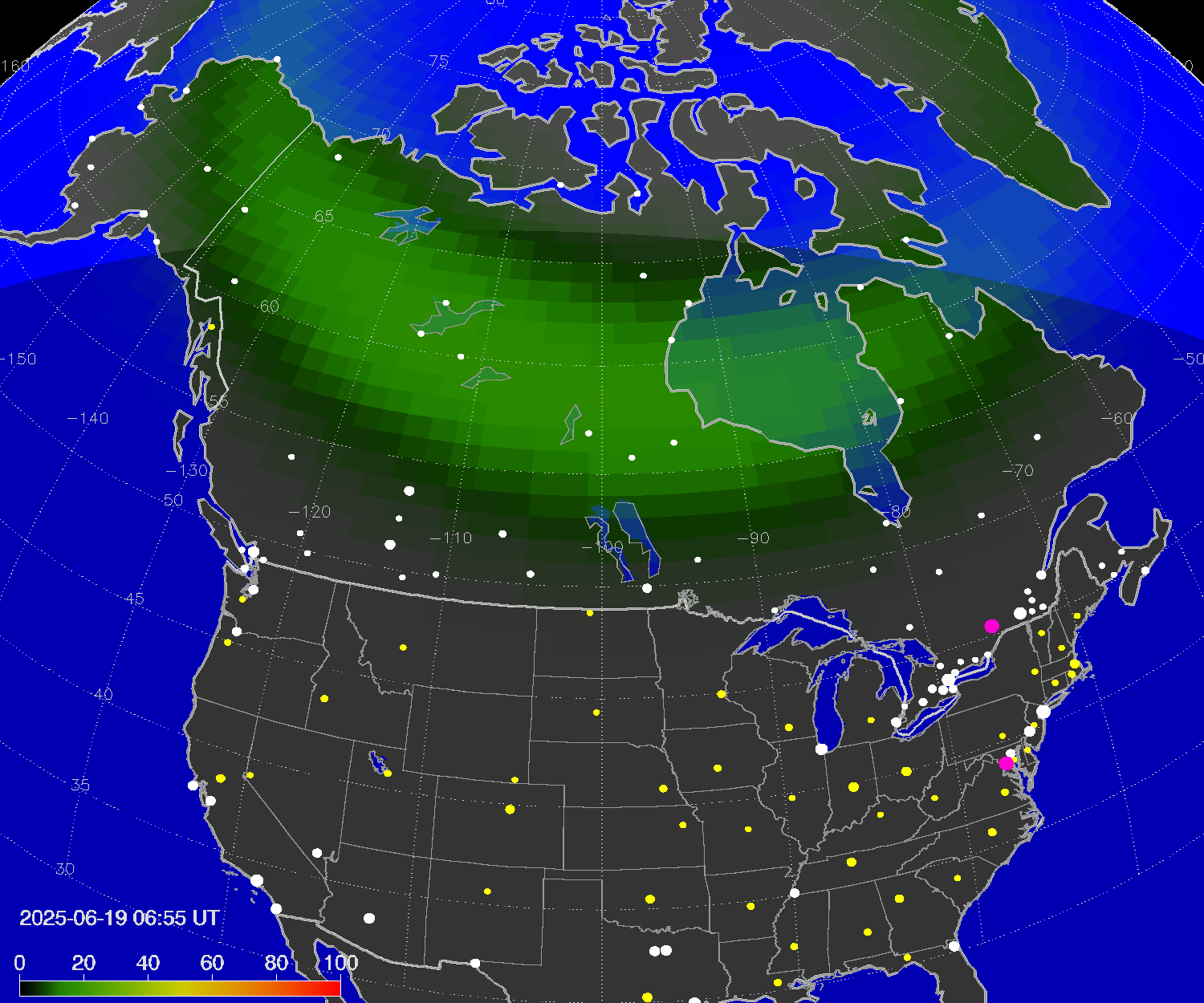 Northern lights (auroras) over North America
