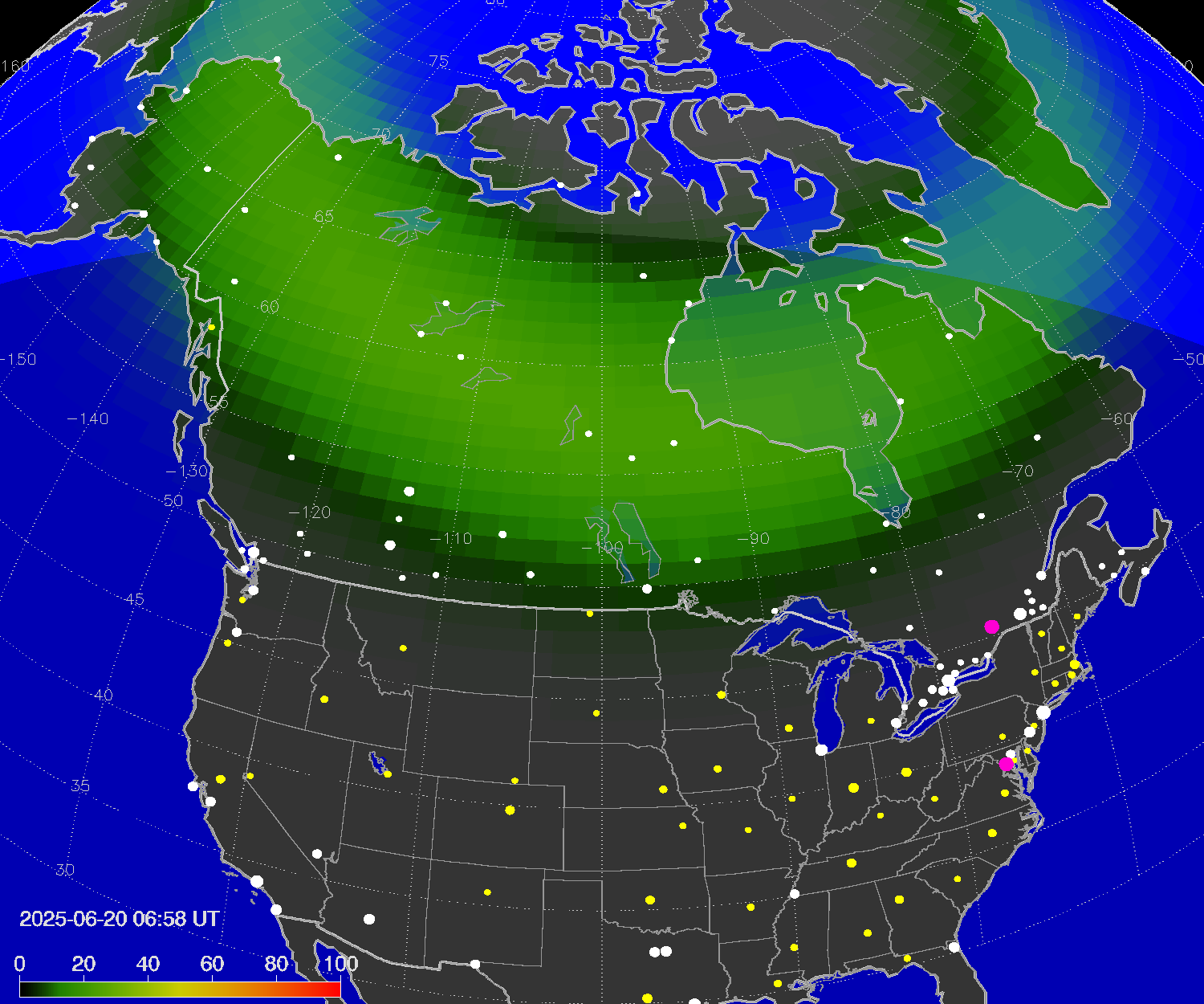 Northern lights (auroras) over North America