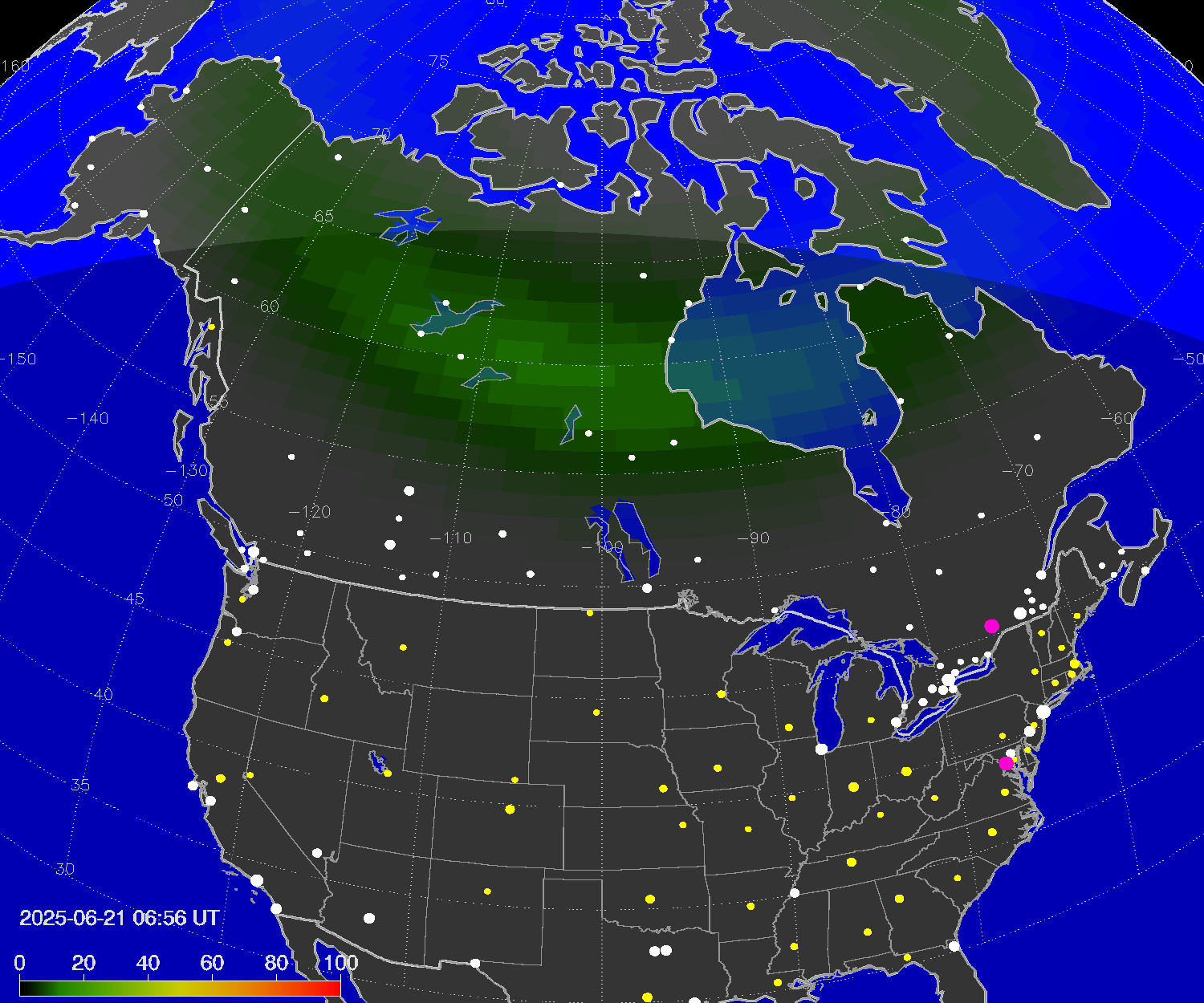Northern lights (auroras) over North America