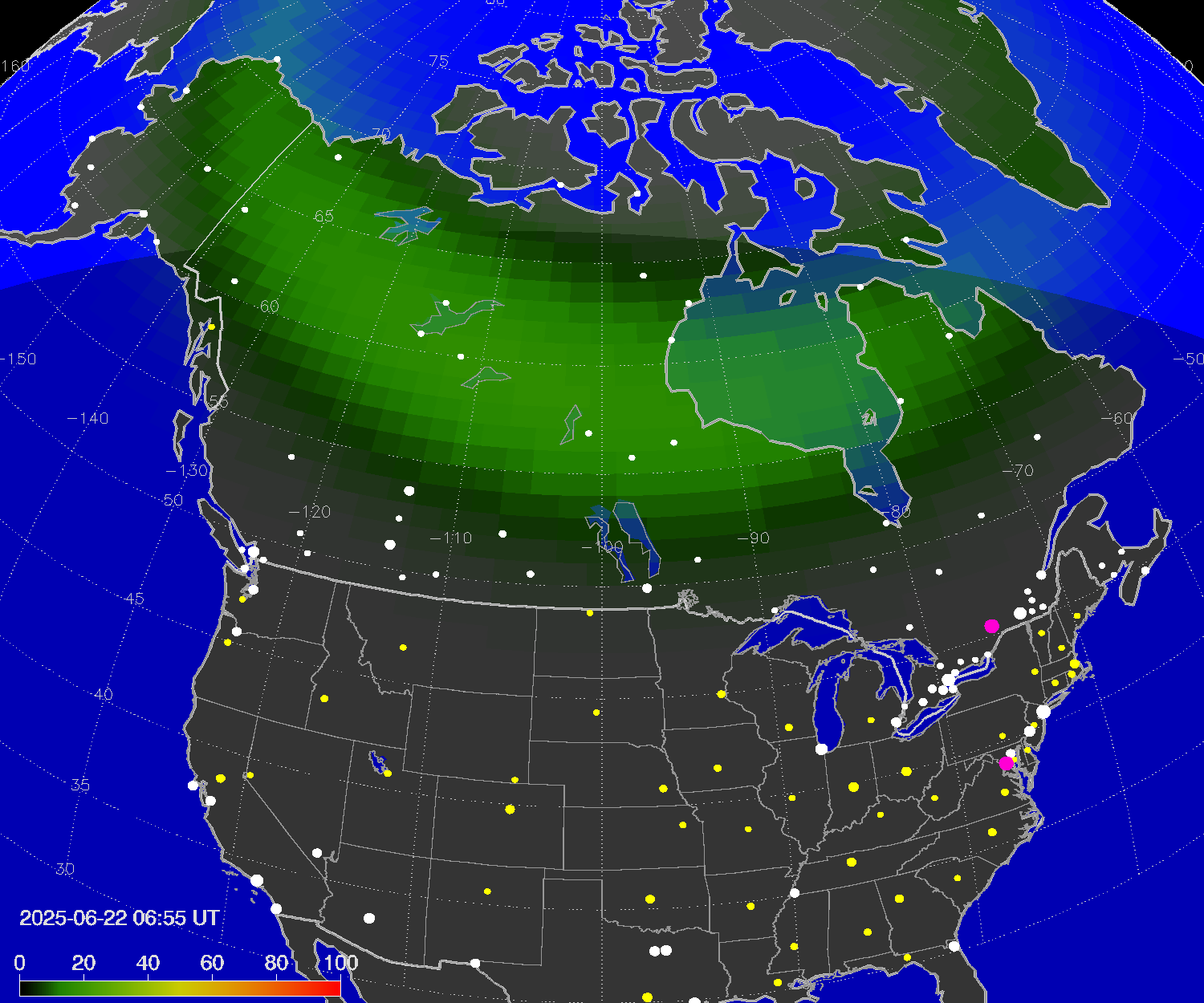 Northern lights (auroras) over North America