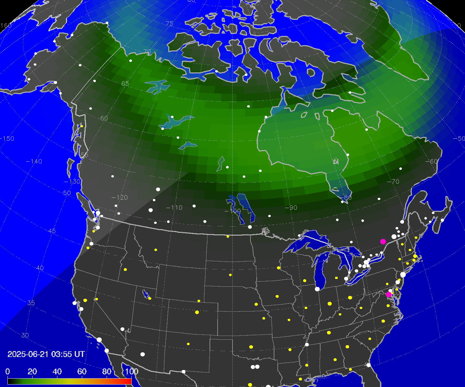 Northern lights (auroras) over North America