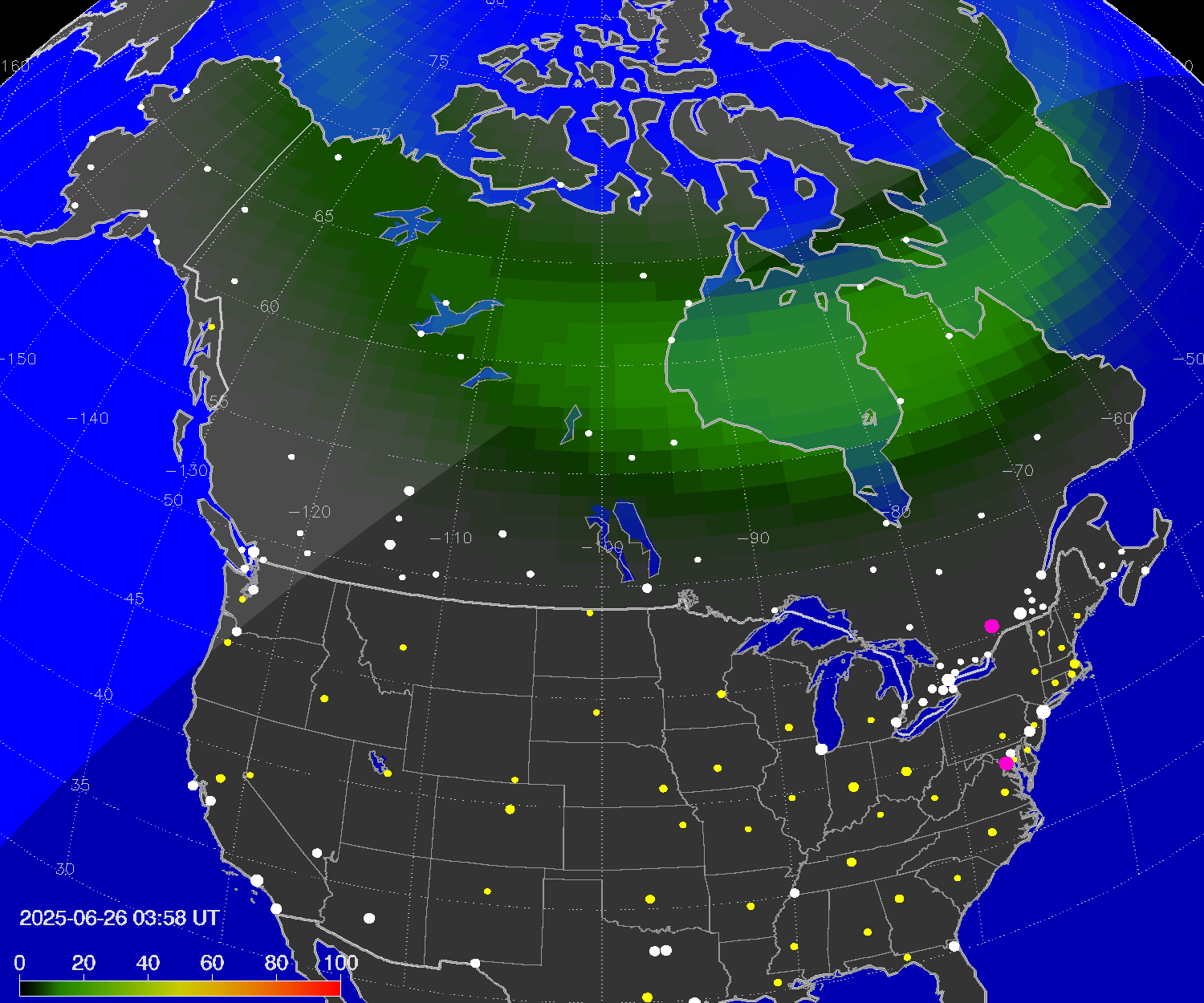 Northern lights (auroras) over North America