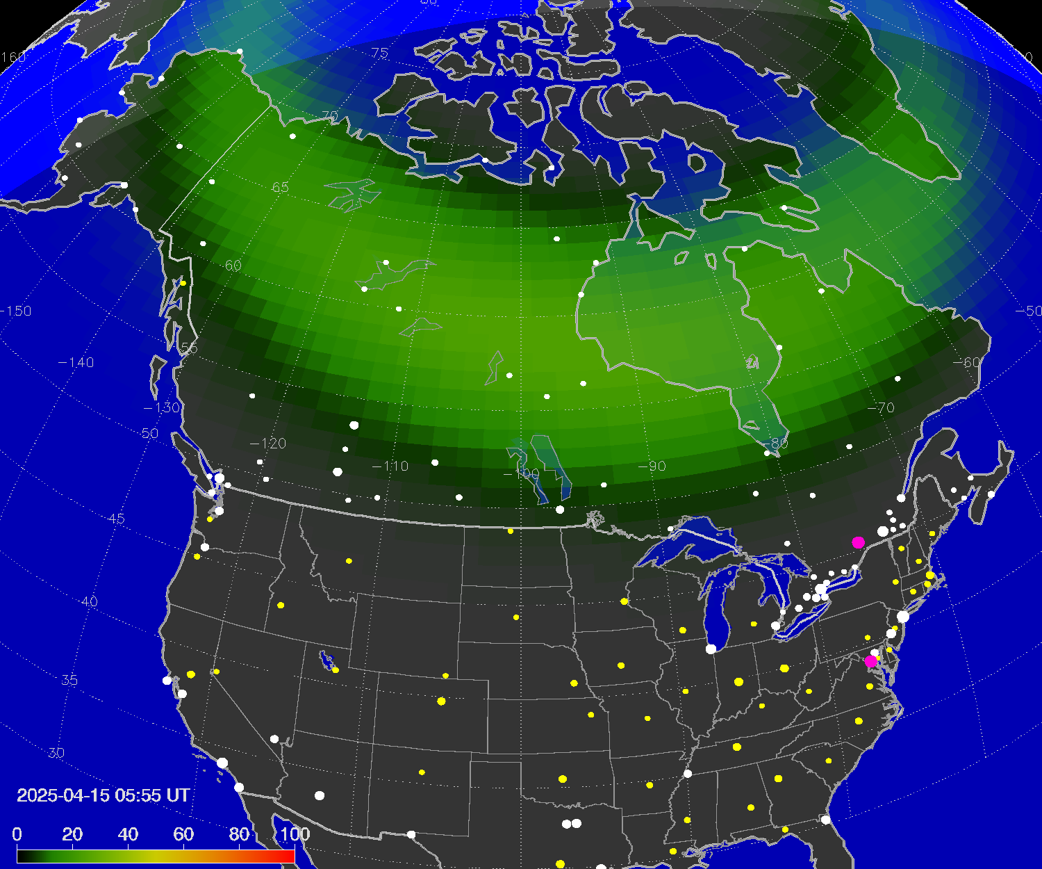 Northern lights (auroras) over North America