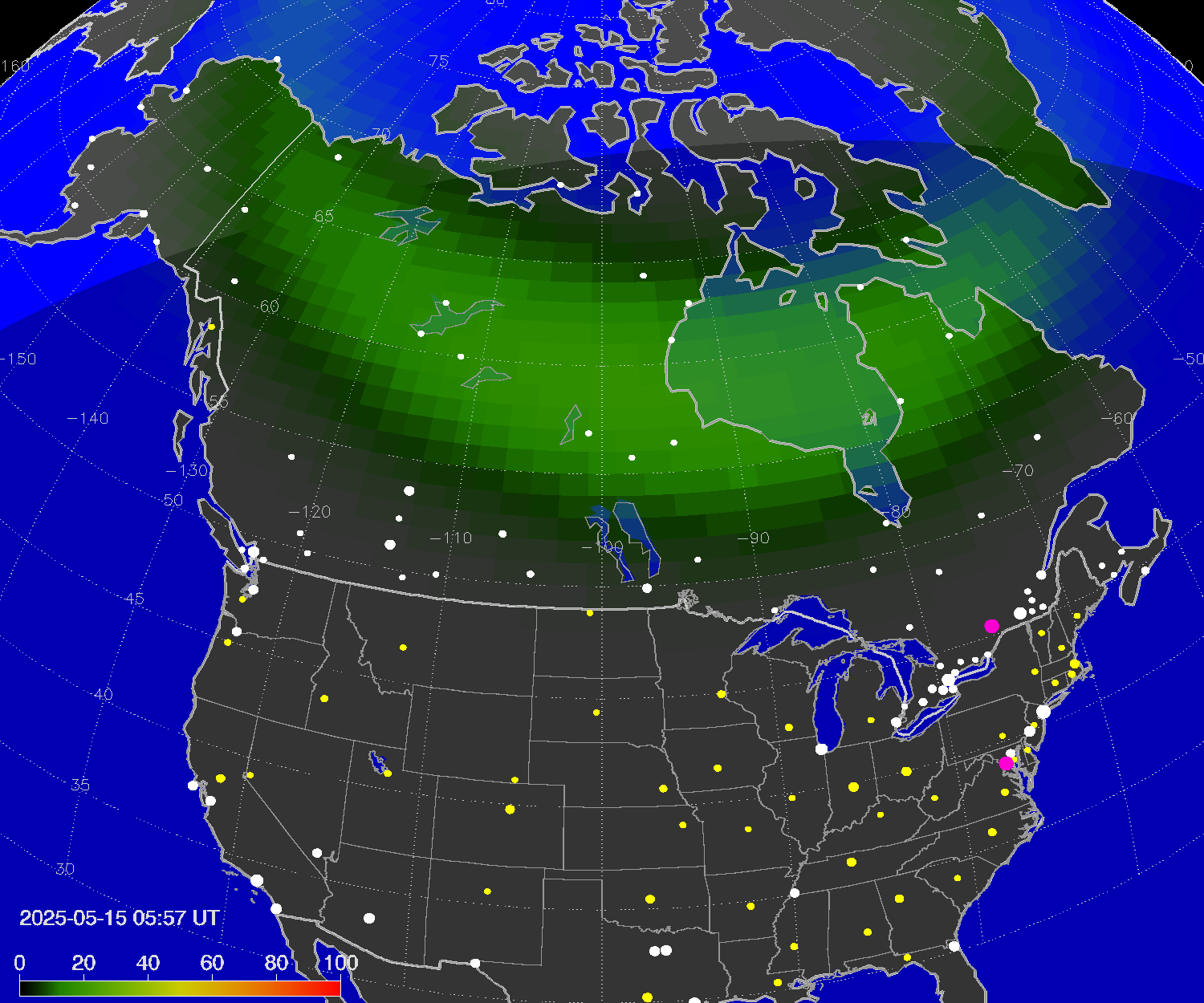 Northern lights (auroras) over North America