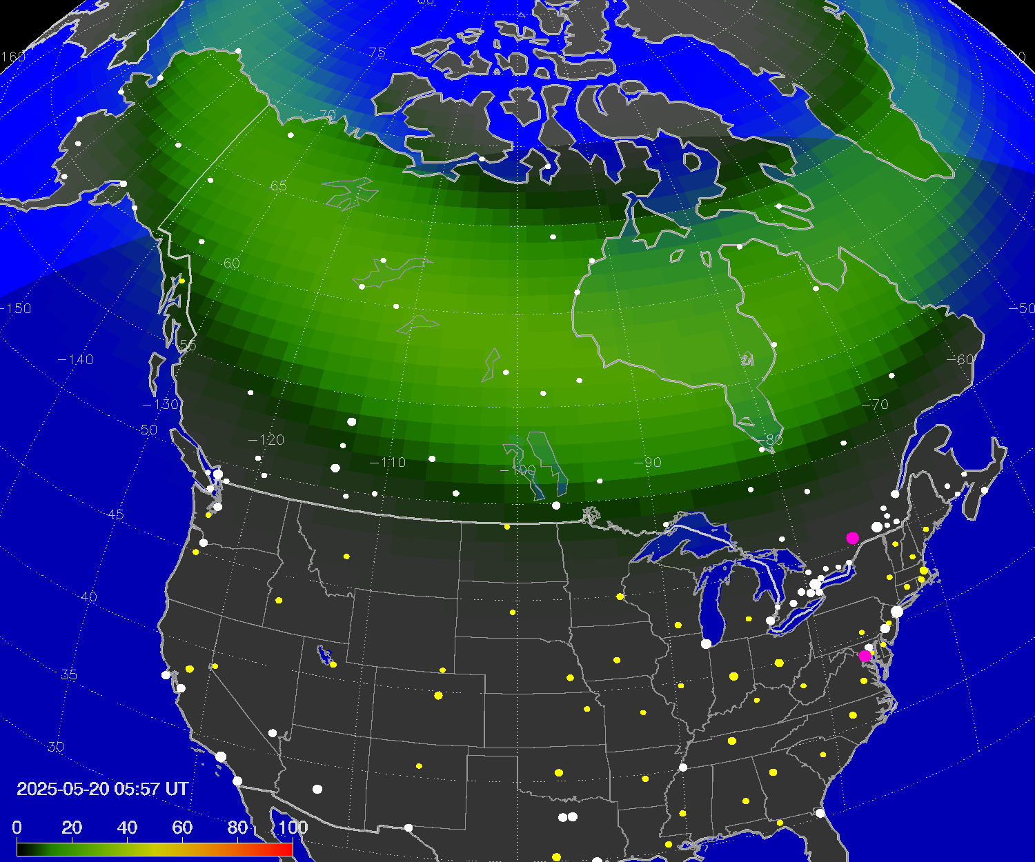 Northern lights (auroras) over North America