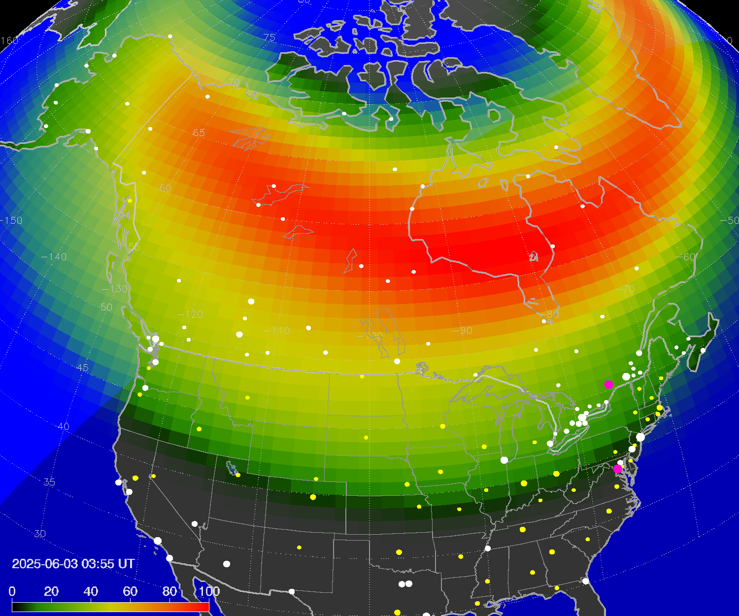 Northern lights (auroras) over North America