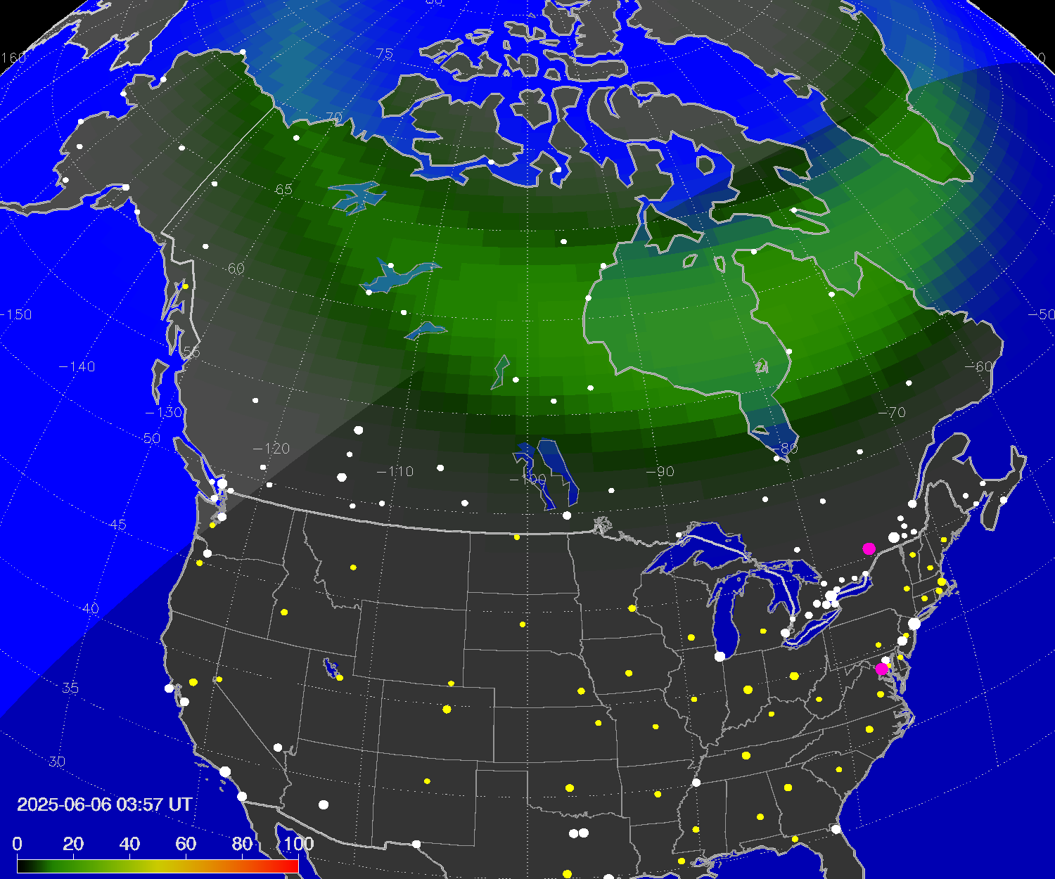 Northern lights (auroras) over North America