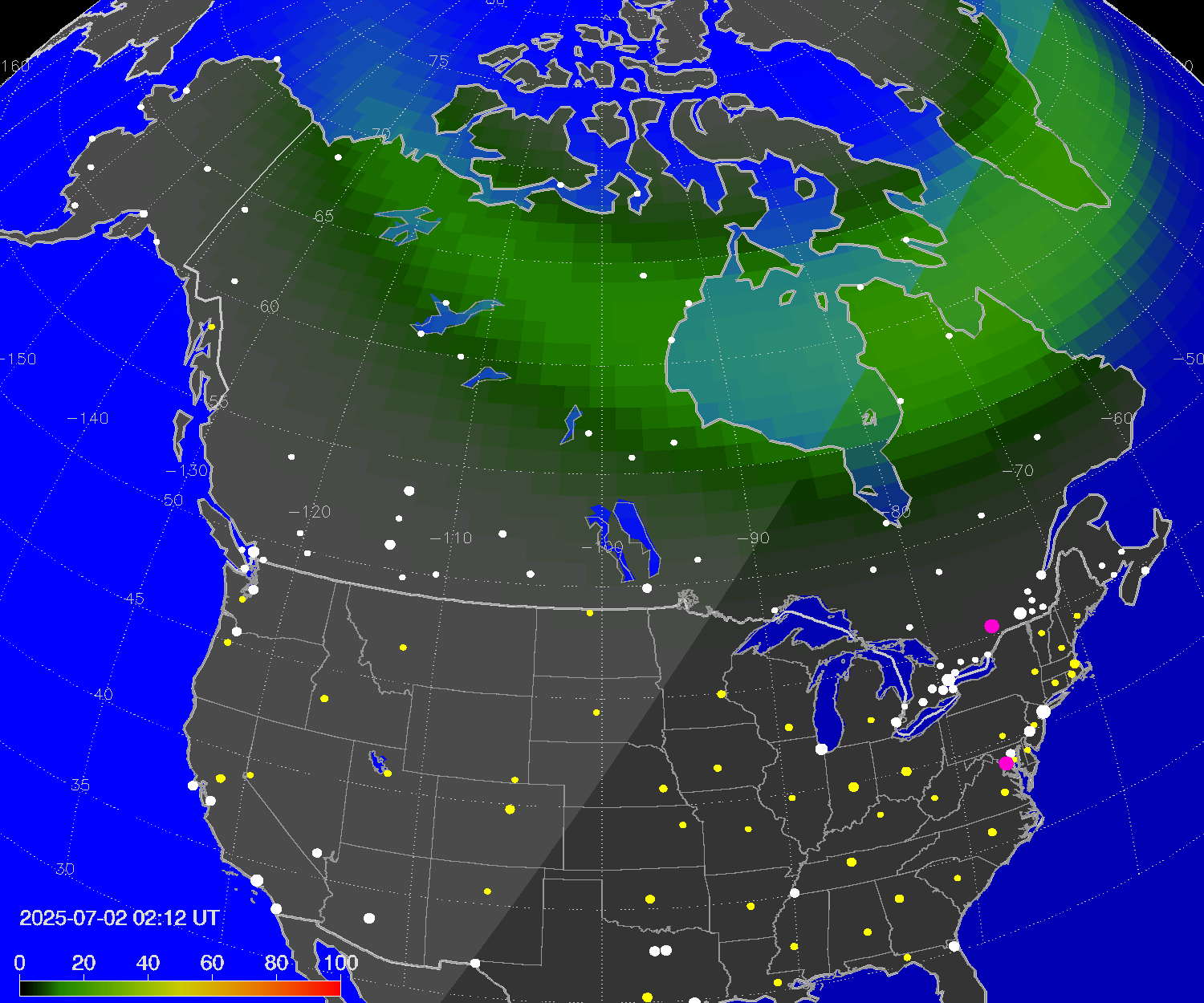 Northern lights (auroras) over North America