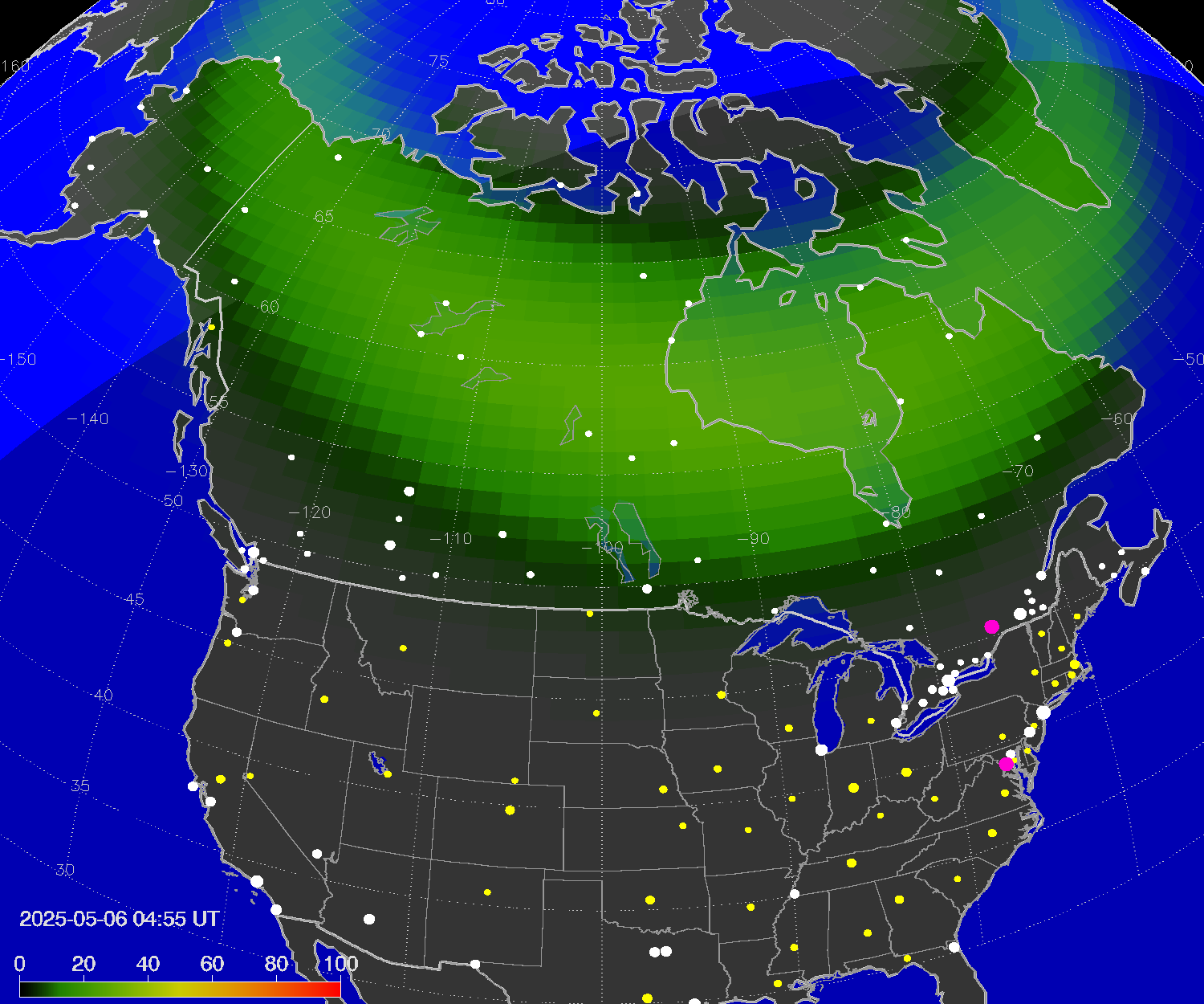 Northern lights (auroras) over North America