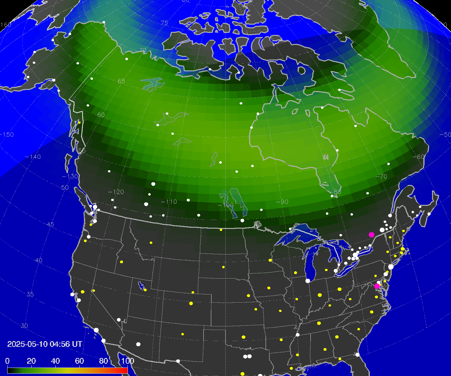 Northern lights (auroras) over North America