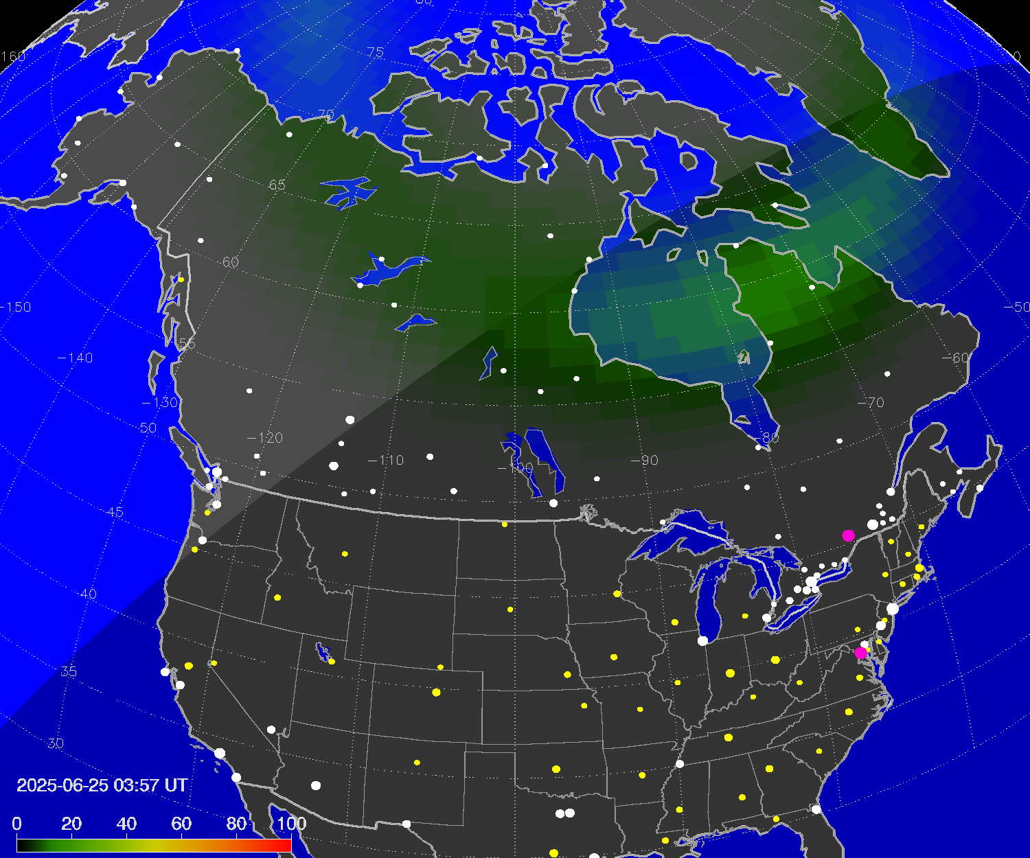 Northern lights (auroras) over North America