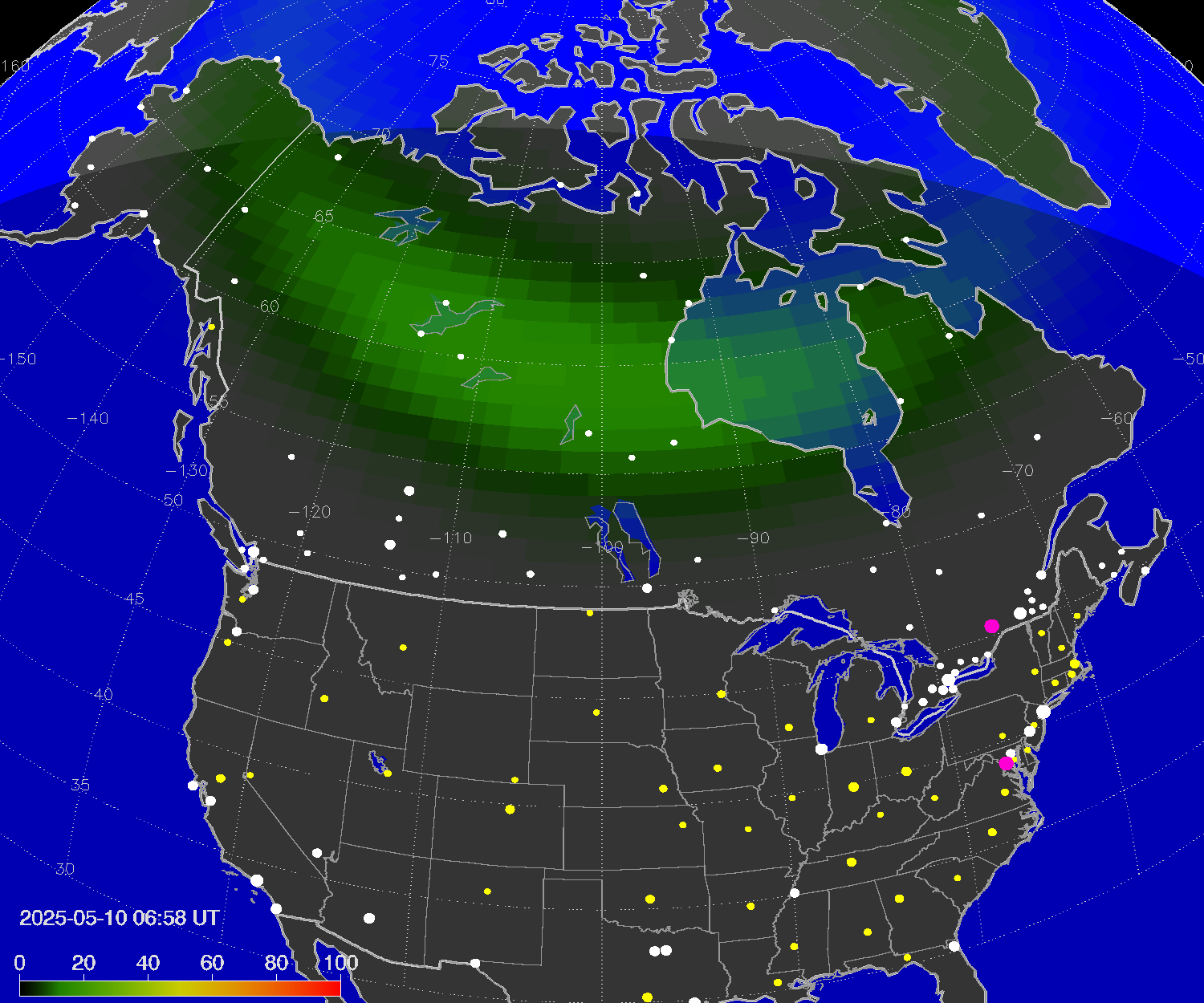 Northern lights (auroras) over North America