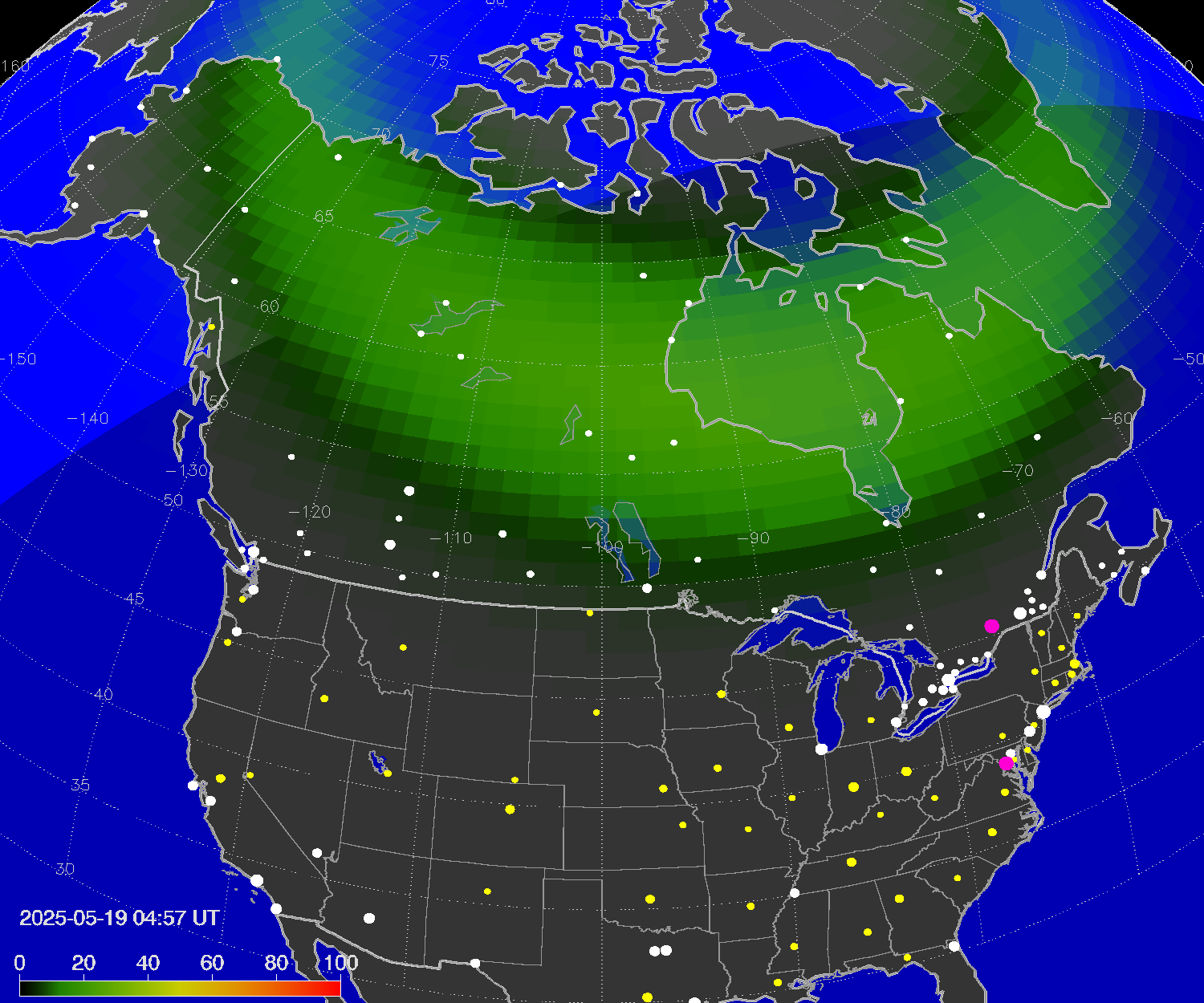 Northern lights (auroras) over North America