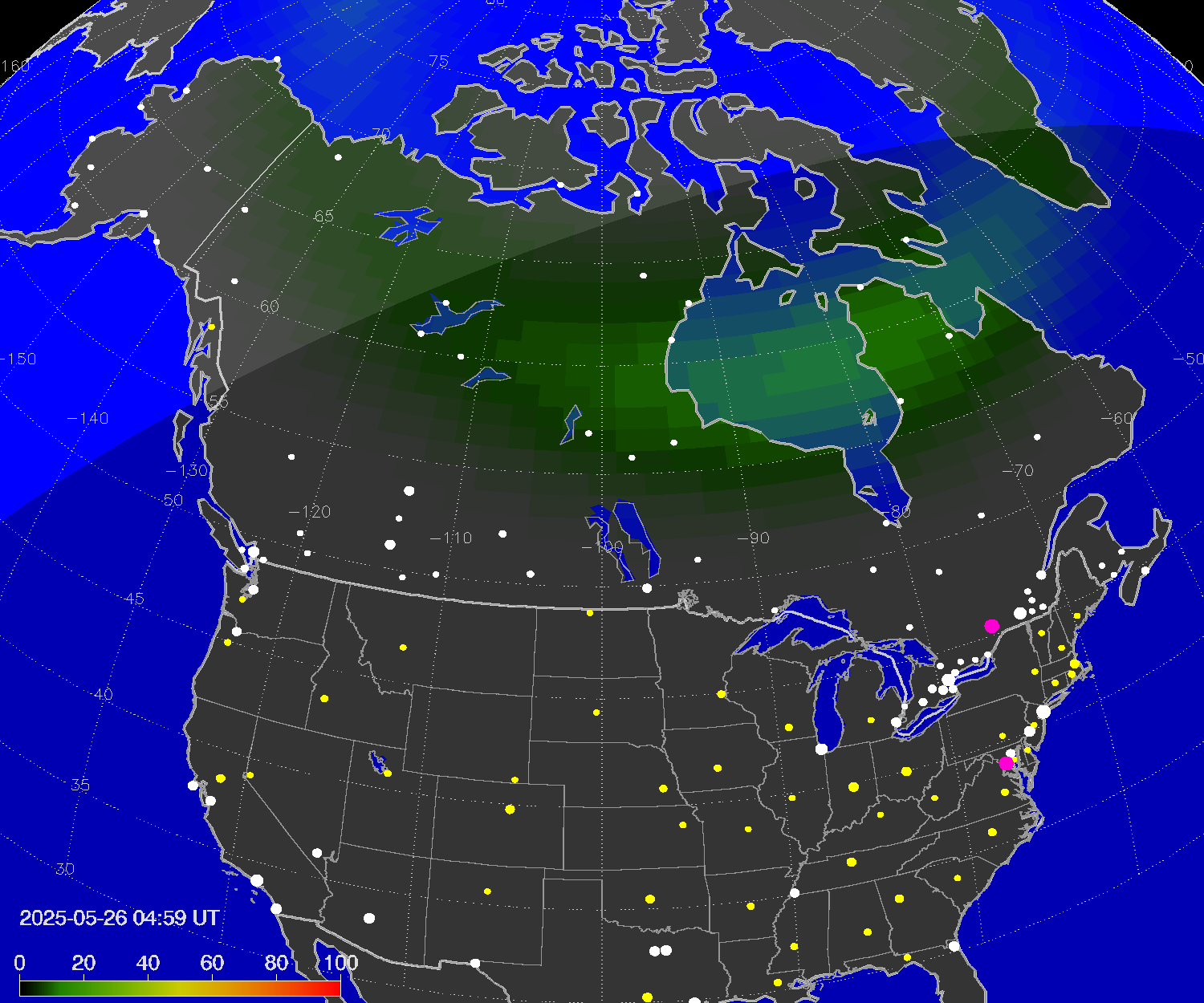 Northern lights (auroras) over North America