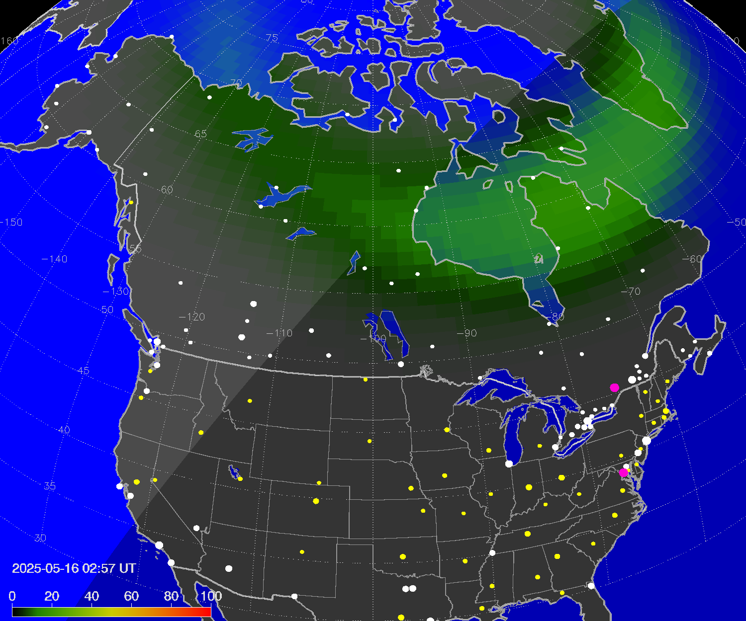Northern lights (auroras) over North America