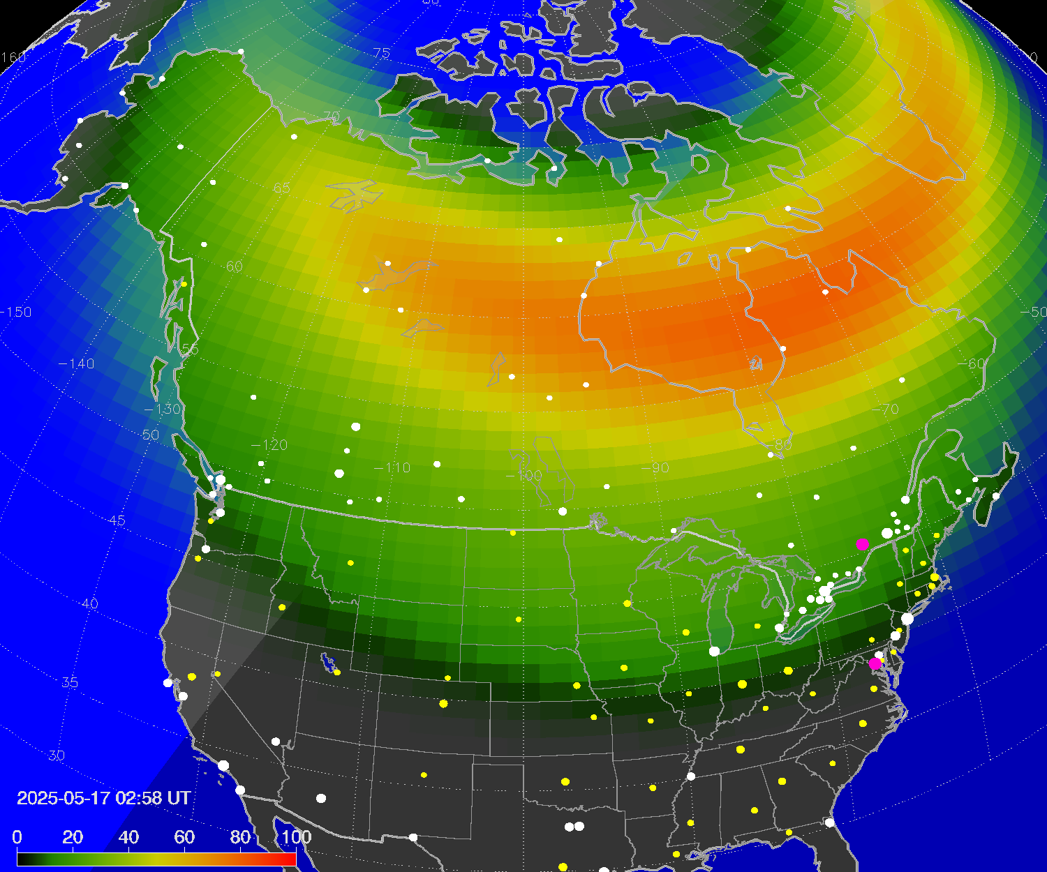 Northern lights (auroras) over North America