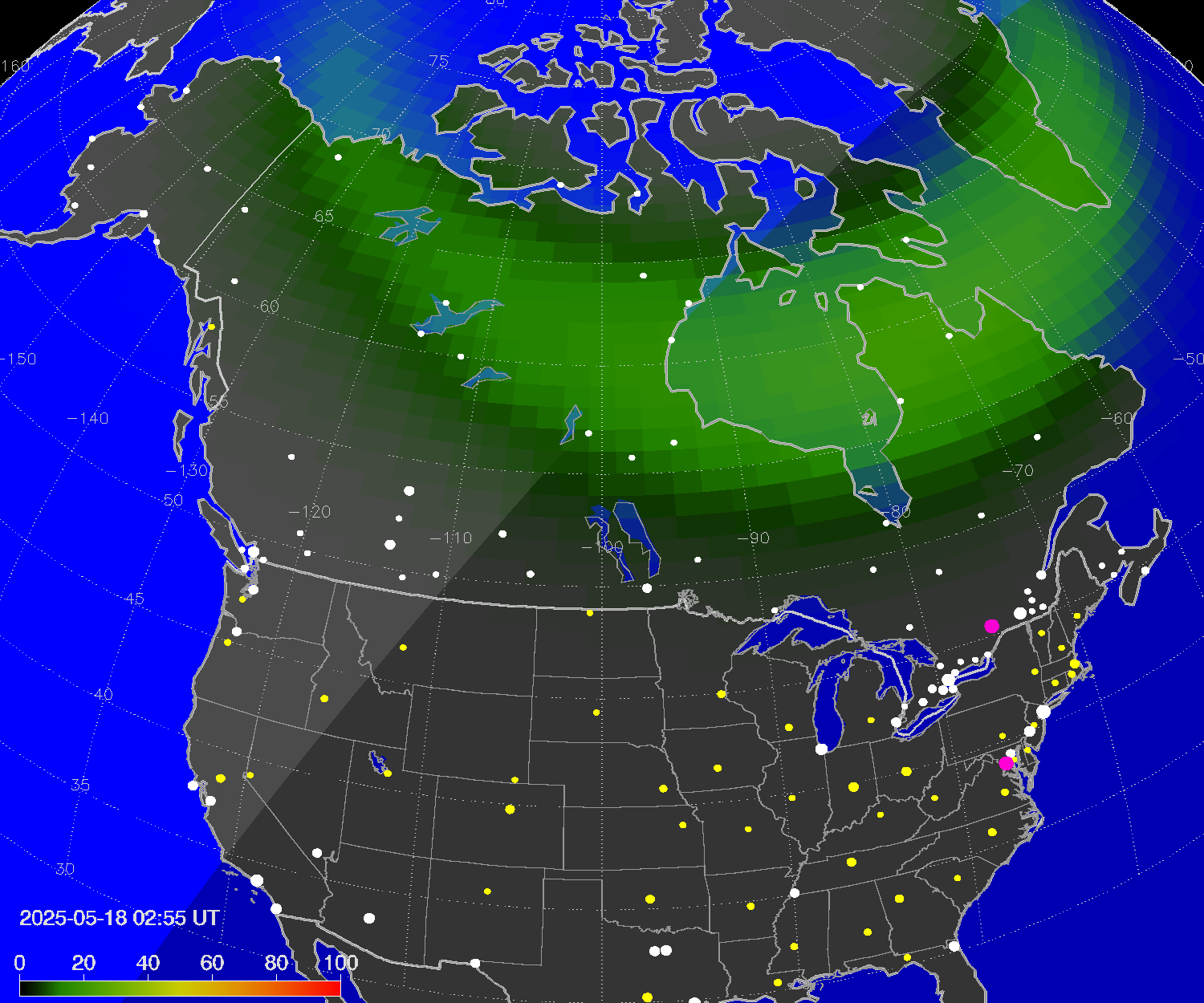 Northern lights (auroras) over North America