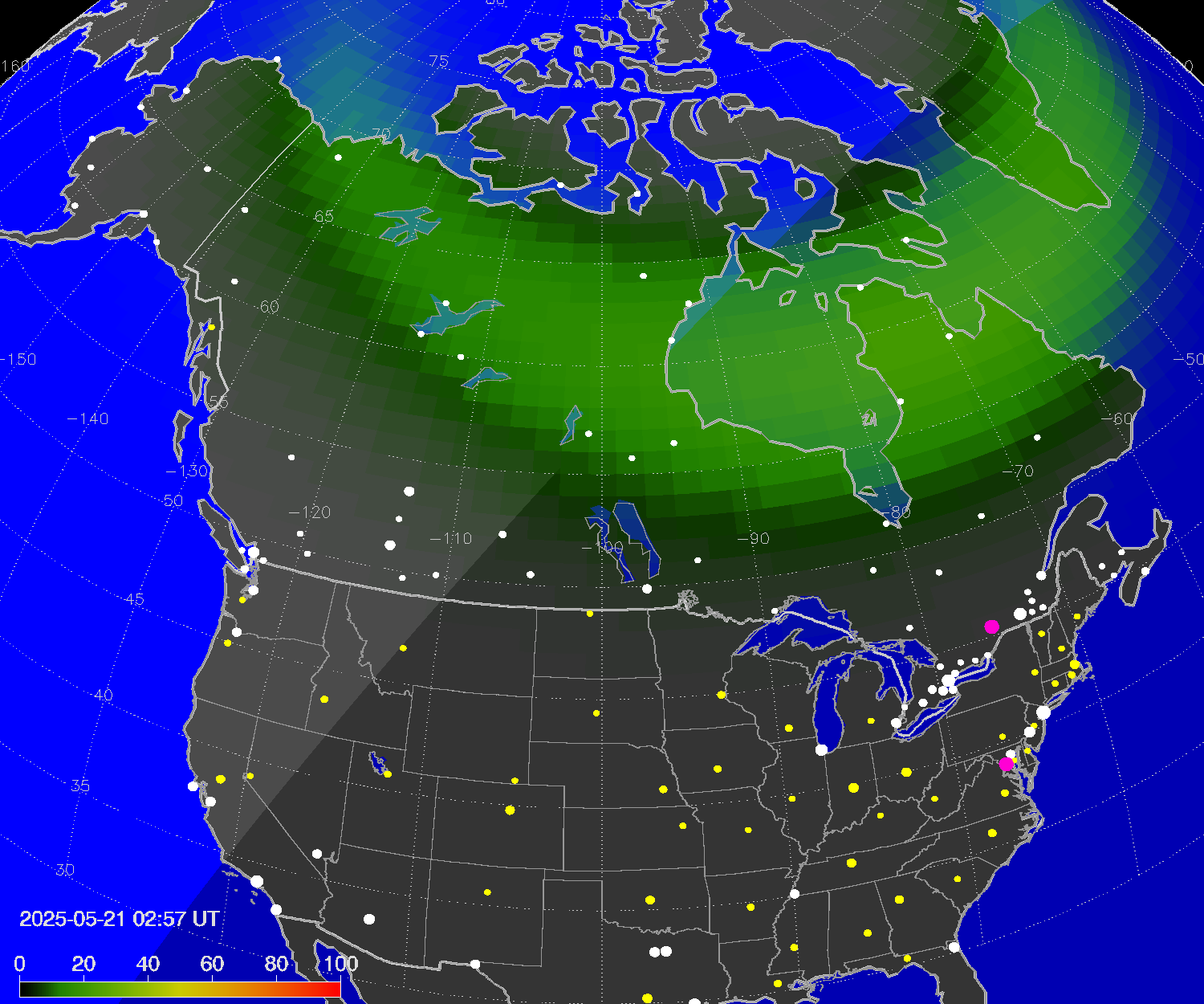 Northern lights (auroras) over North America