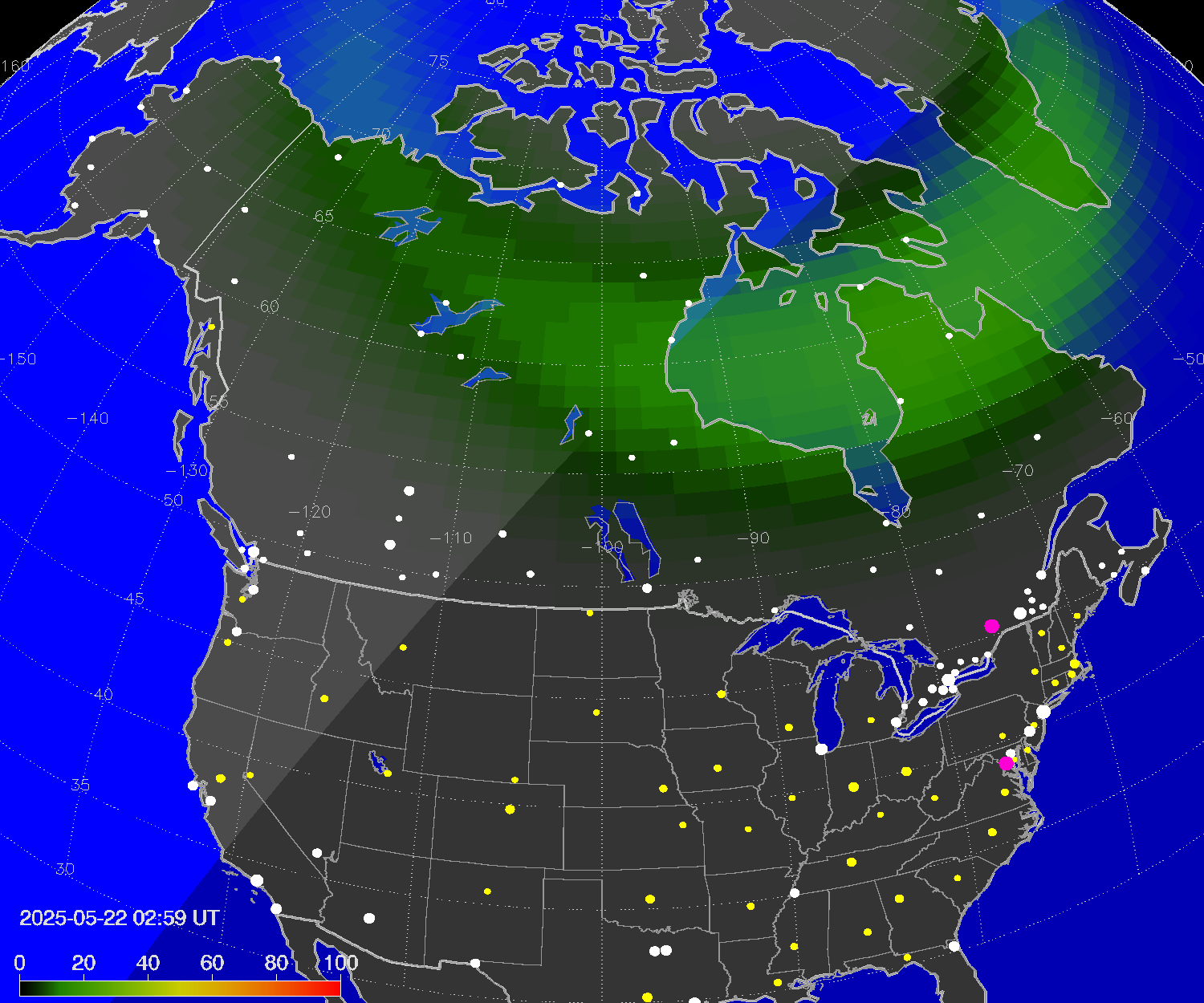 Northern lights (auroras) over North America
