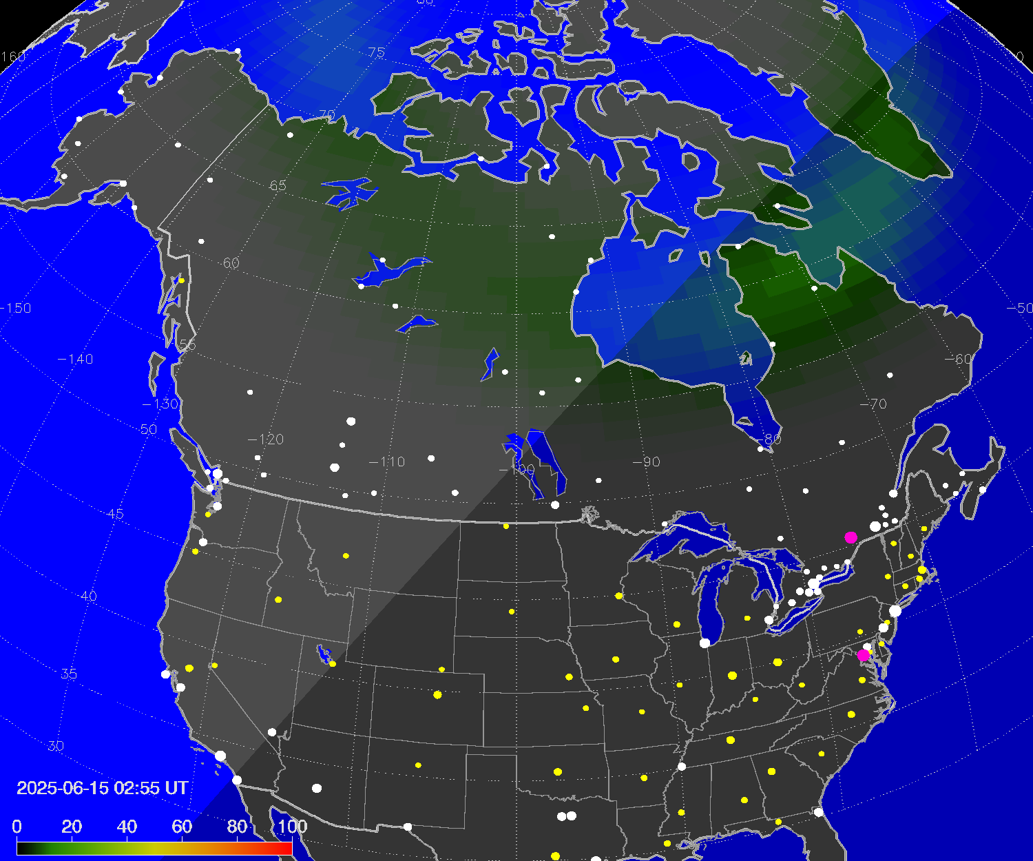 Northern lights (auroras) over North America