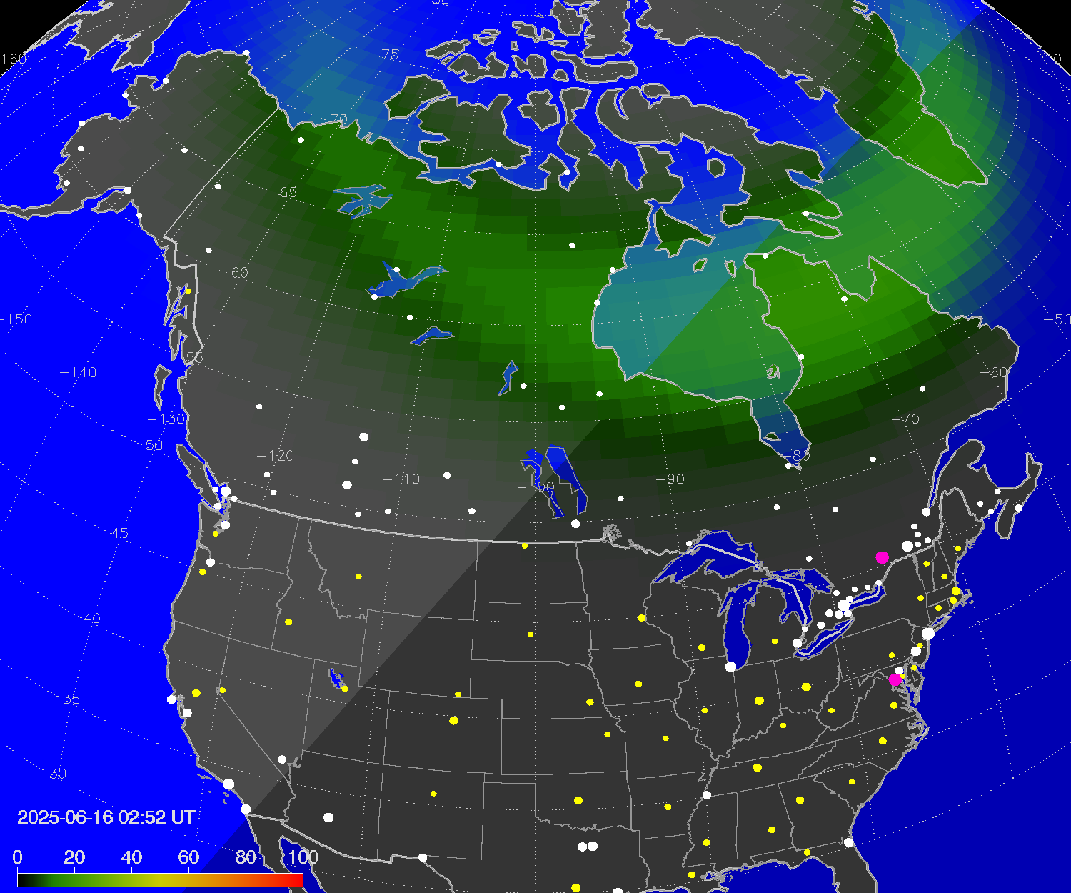 Northern lights (auroras) over North America
