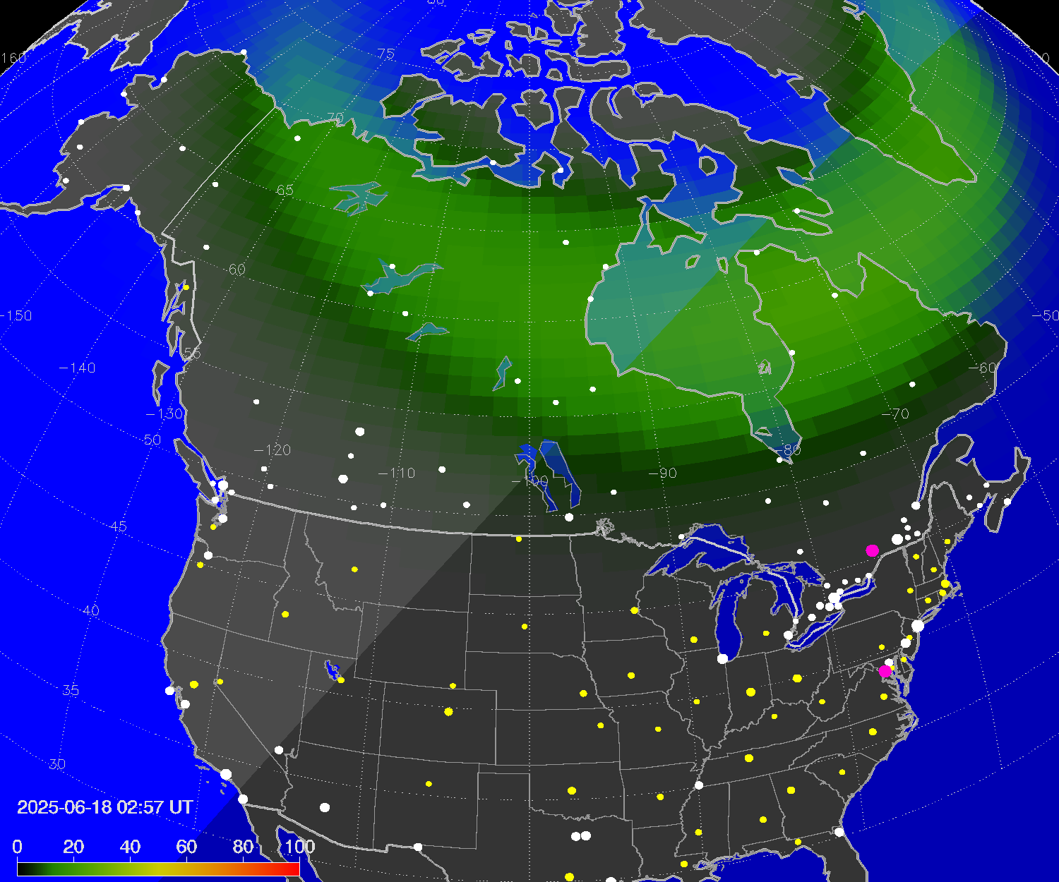 Northern lights (auroras) over North America
