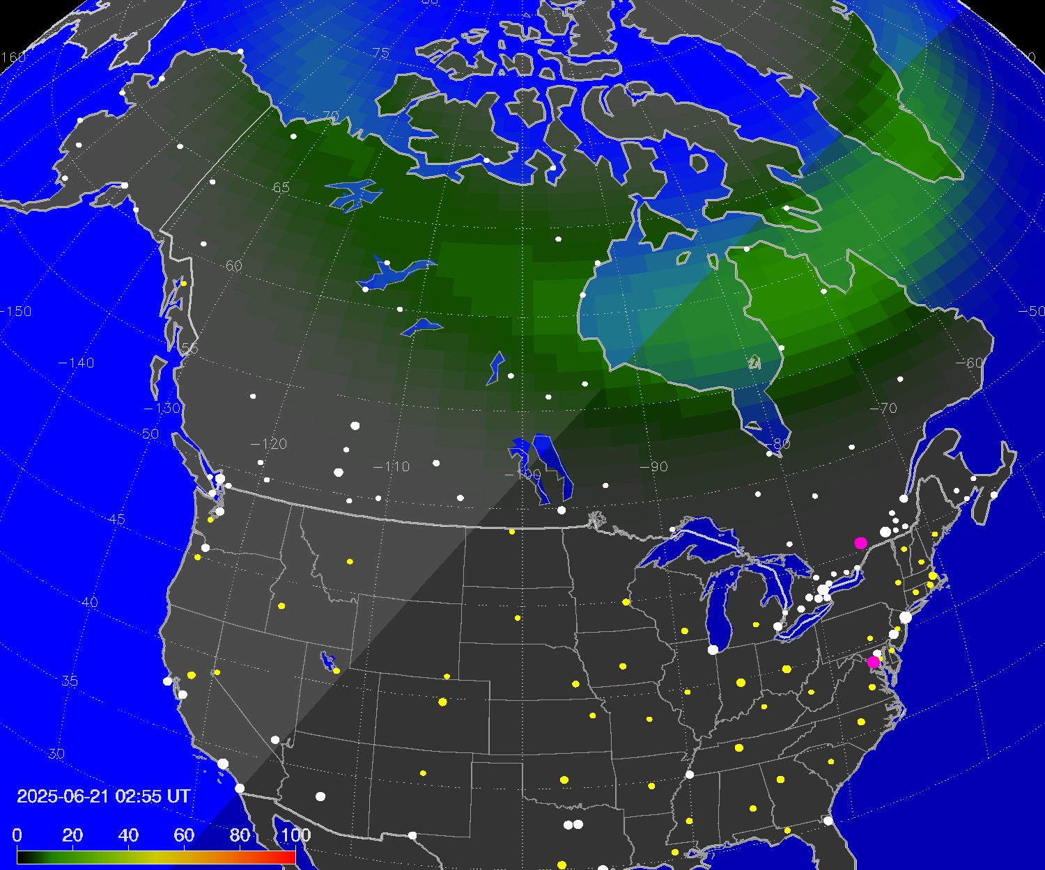 Northern lights (auroras) over North America