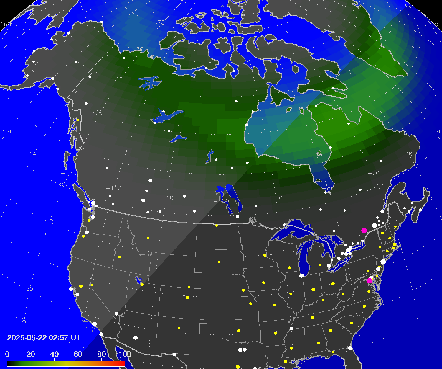 Northern lights (auroras) over North America