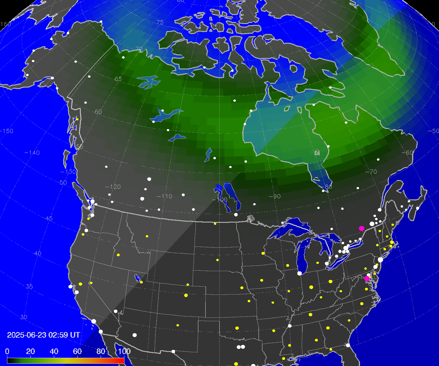 Northern lights (auroras) over North America