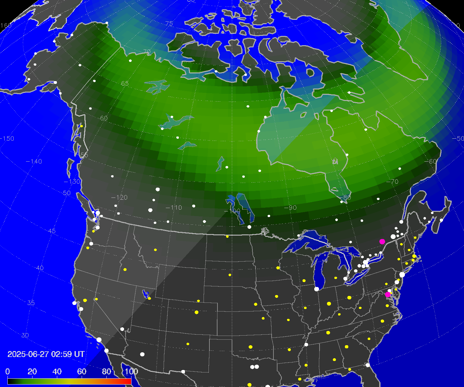 Northern lights (auroras) over North America