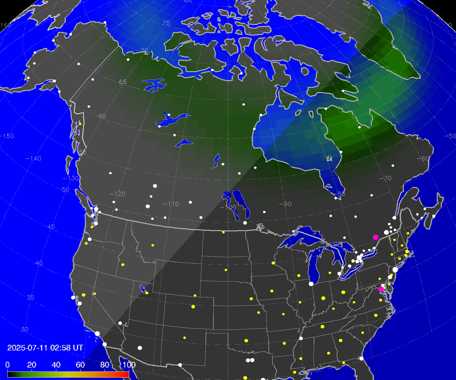 Northern lights (auroras) over North America