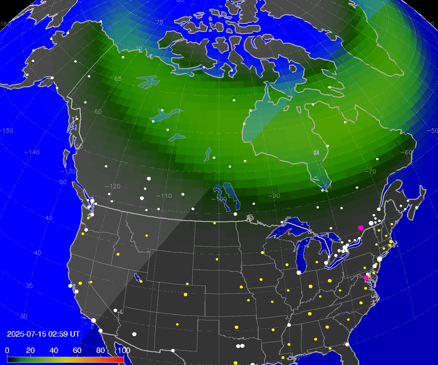 Northern lights (auroras) over North America