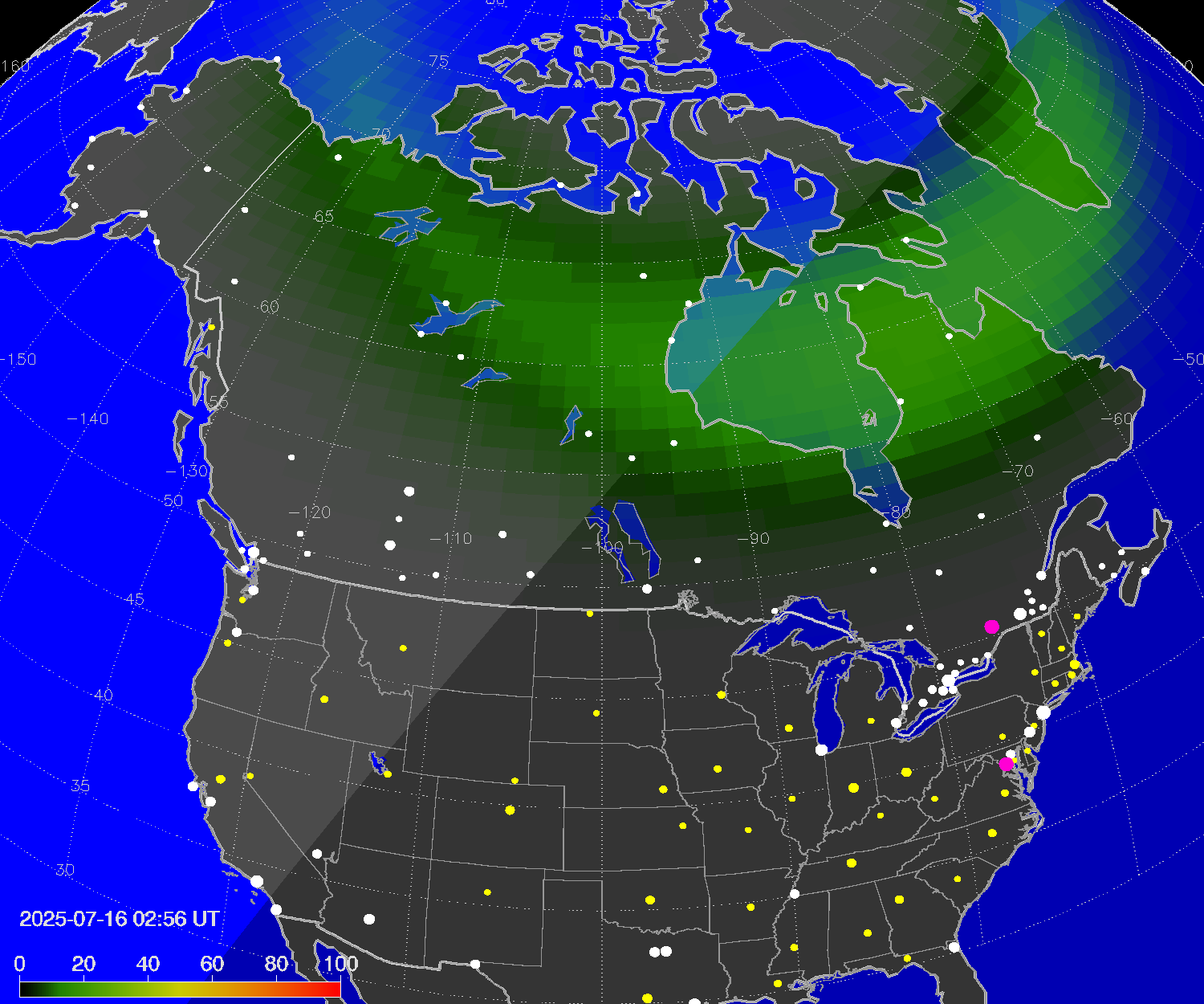 Northern lights (auroras) over North America