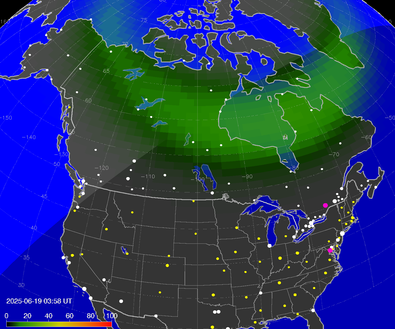 Northern lights (auroras) over North America