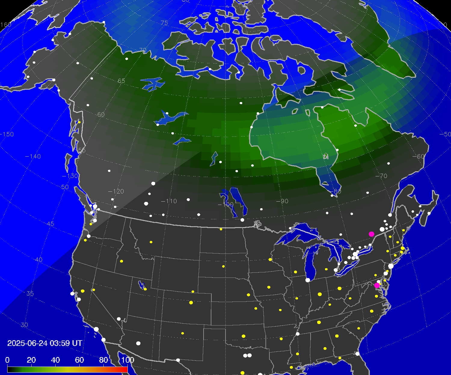 Northern lights (auroras) over North America