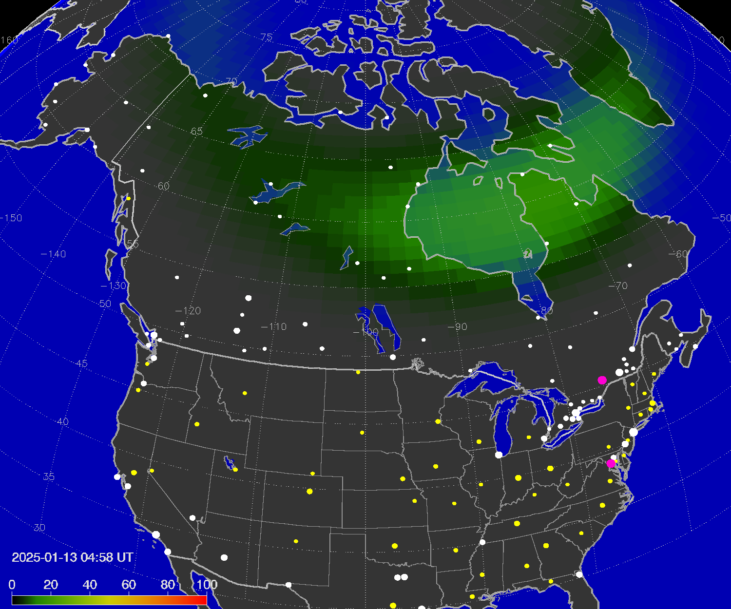 Northern lights (auroras) over North America