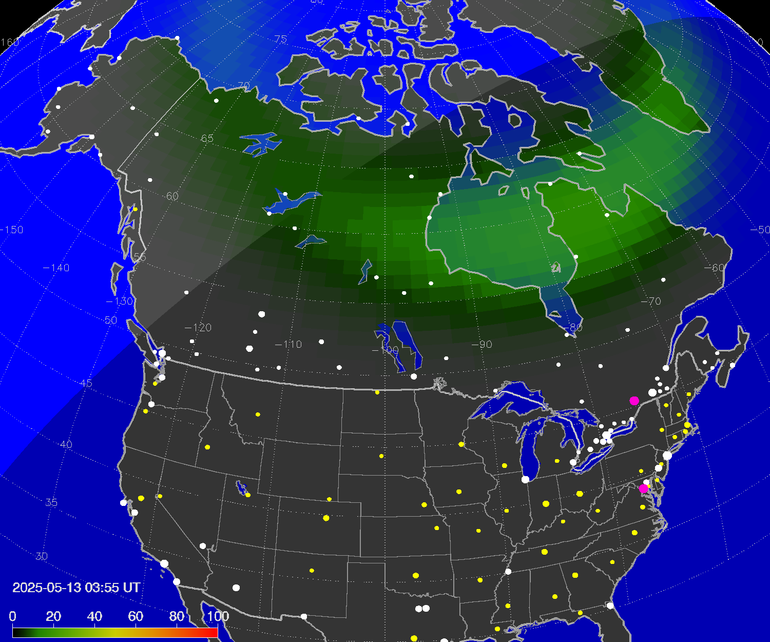 Northern lights (auroras) over North America