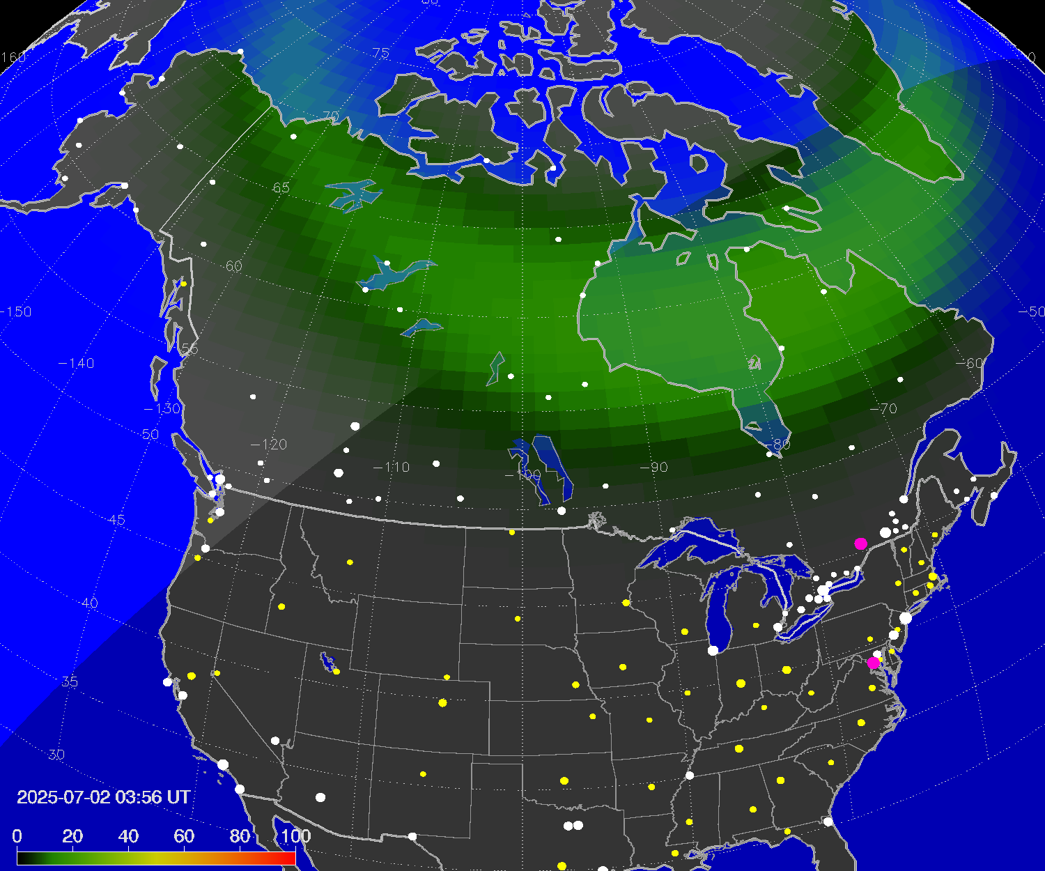 Northern lights (auroras) over North America