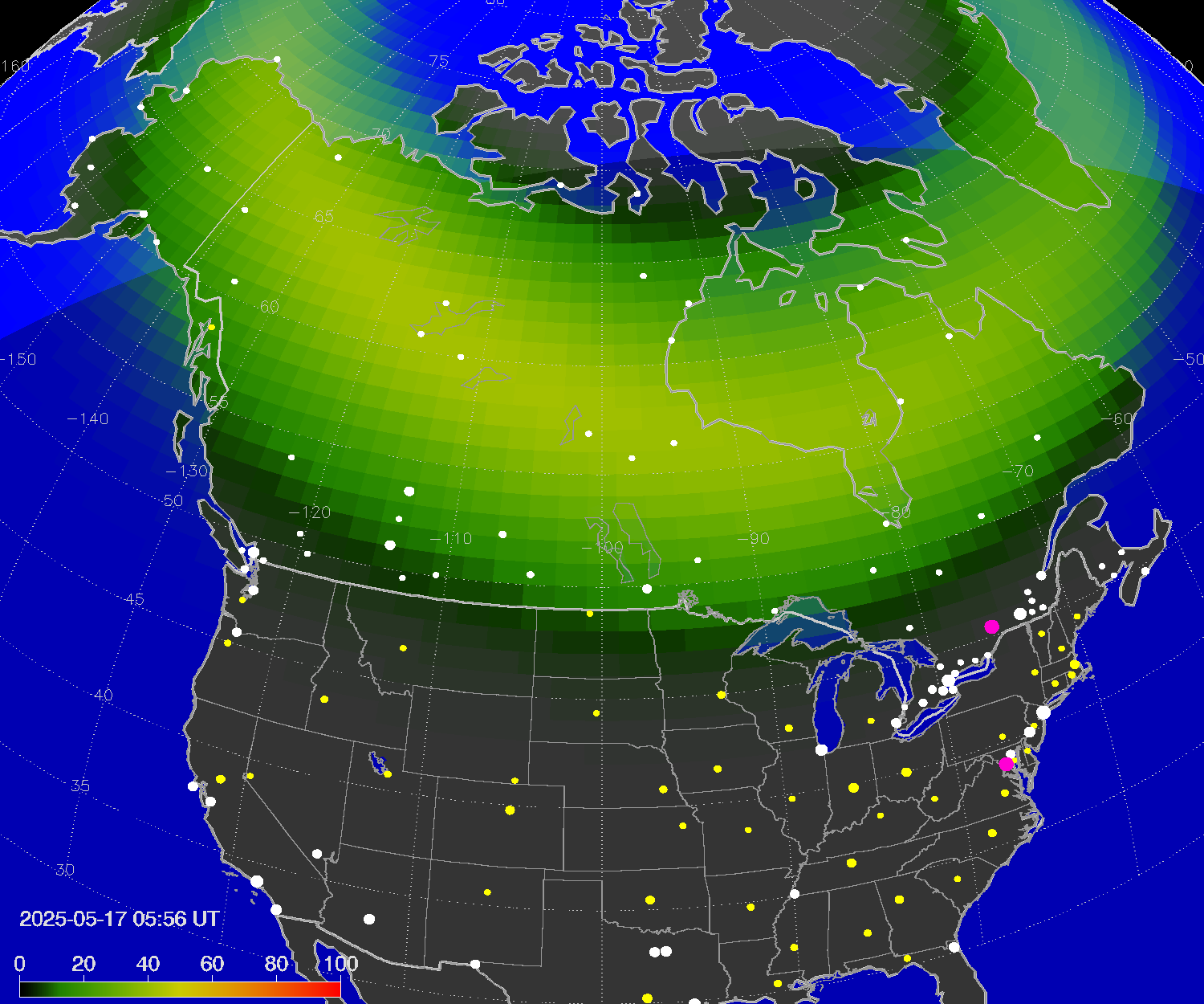 Northern lights (auroras) over North America