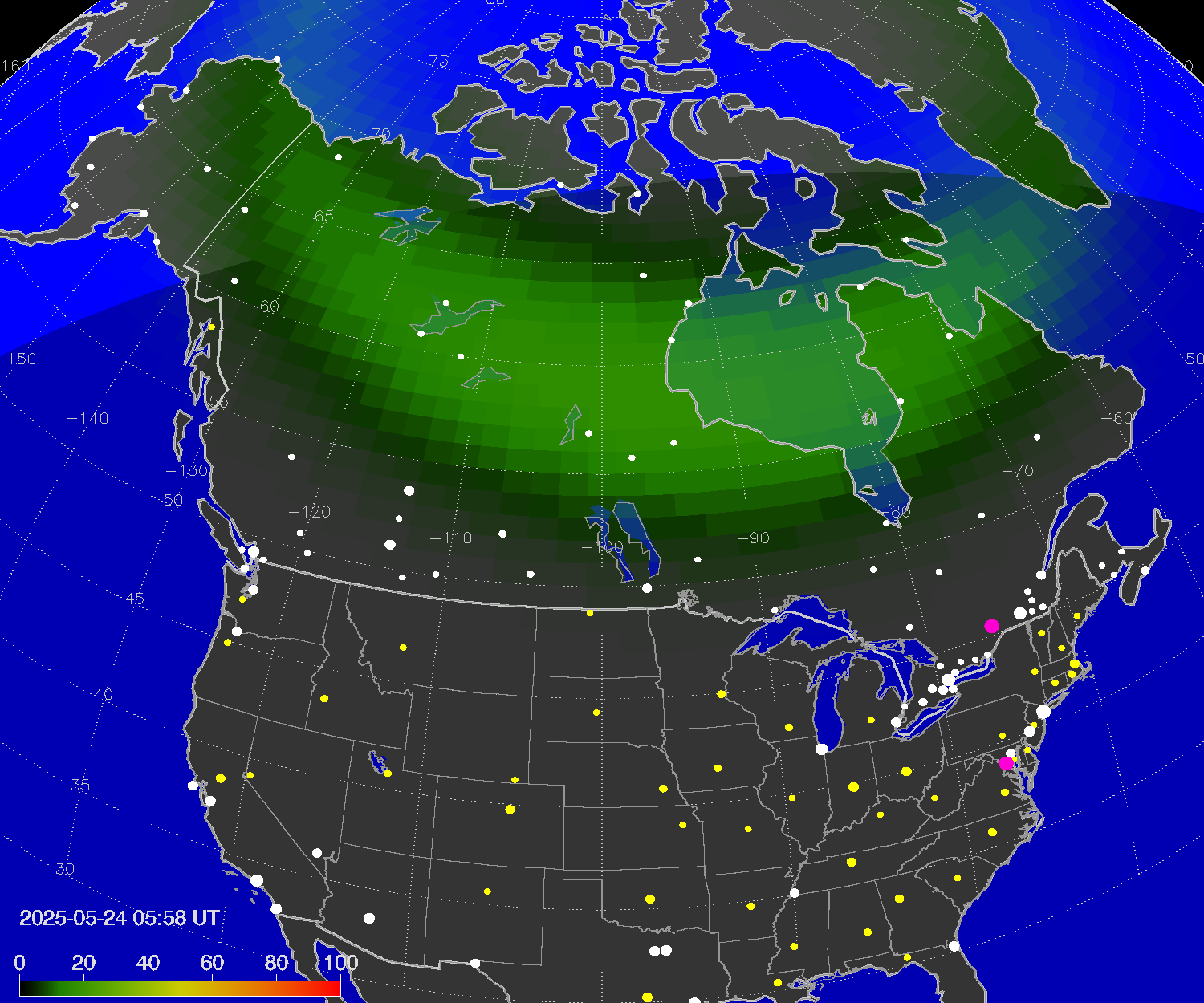 Northern lights (auroras) over North America