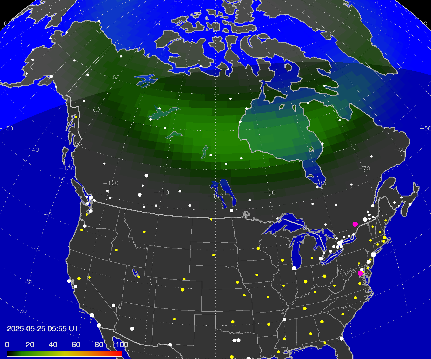 Northern lights (auroras) over North America