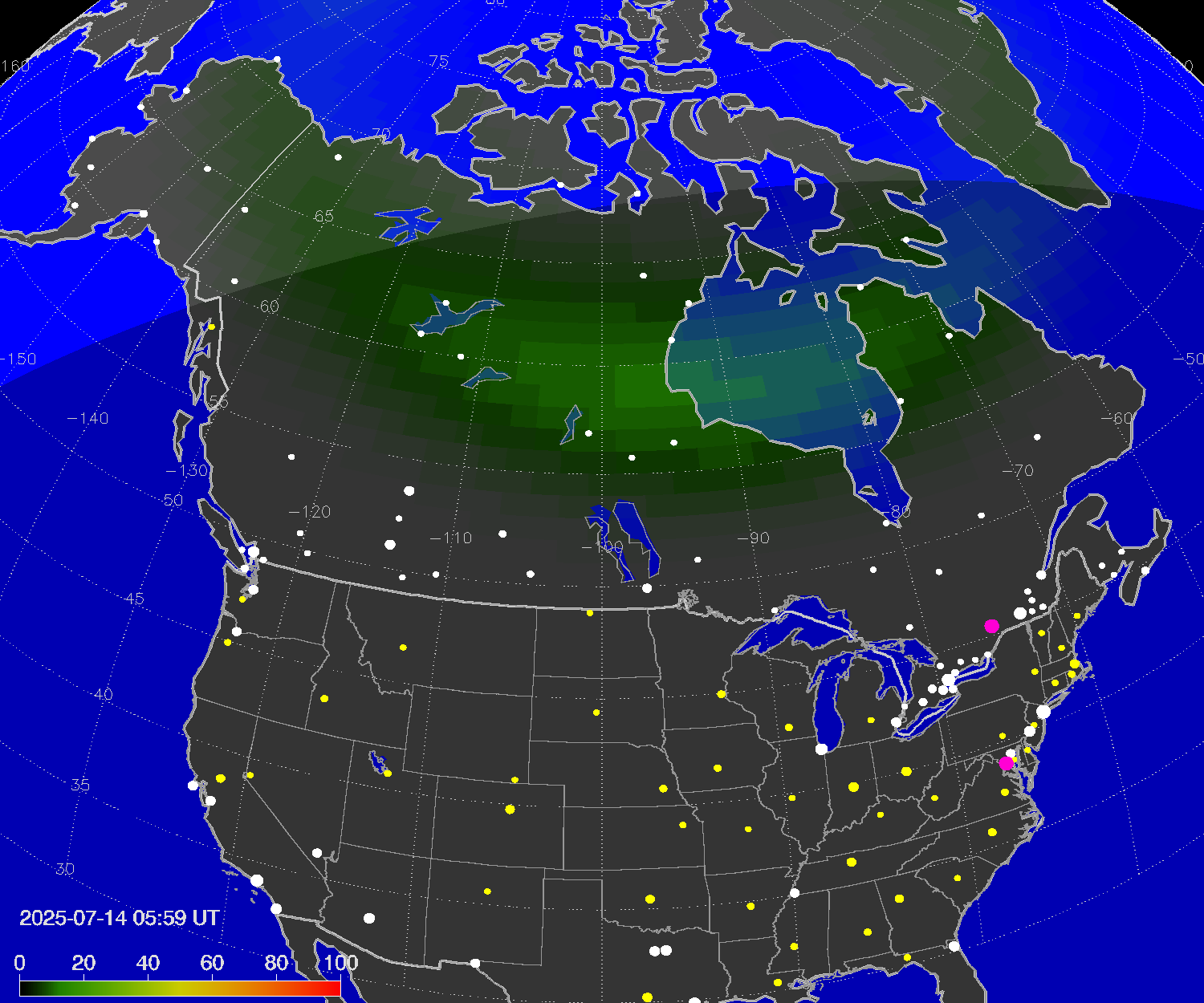 Northern lights (auroras) over North America