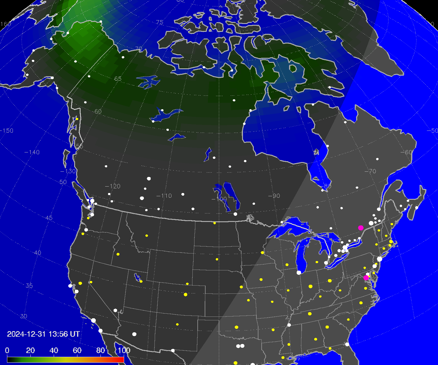 Northern lights (auroras) over North America
