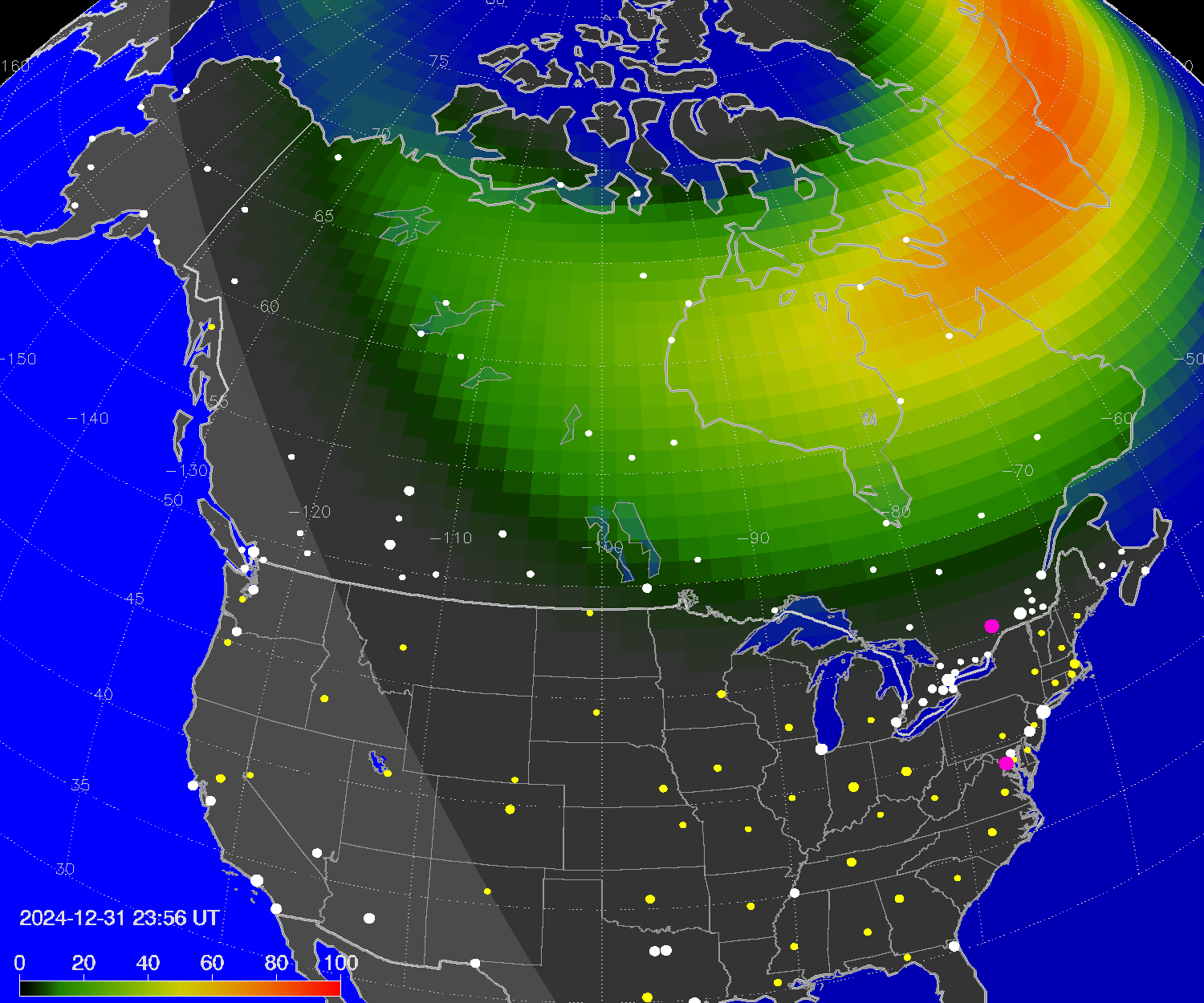 Northern lights (auroras) over North America