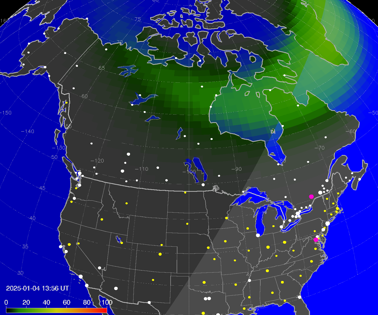 Northern lights (auroras) over North America