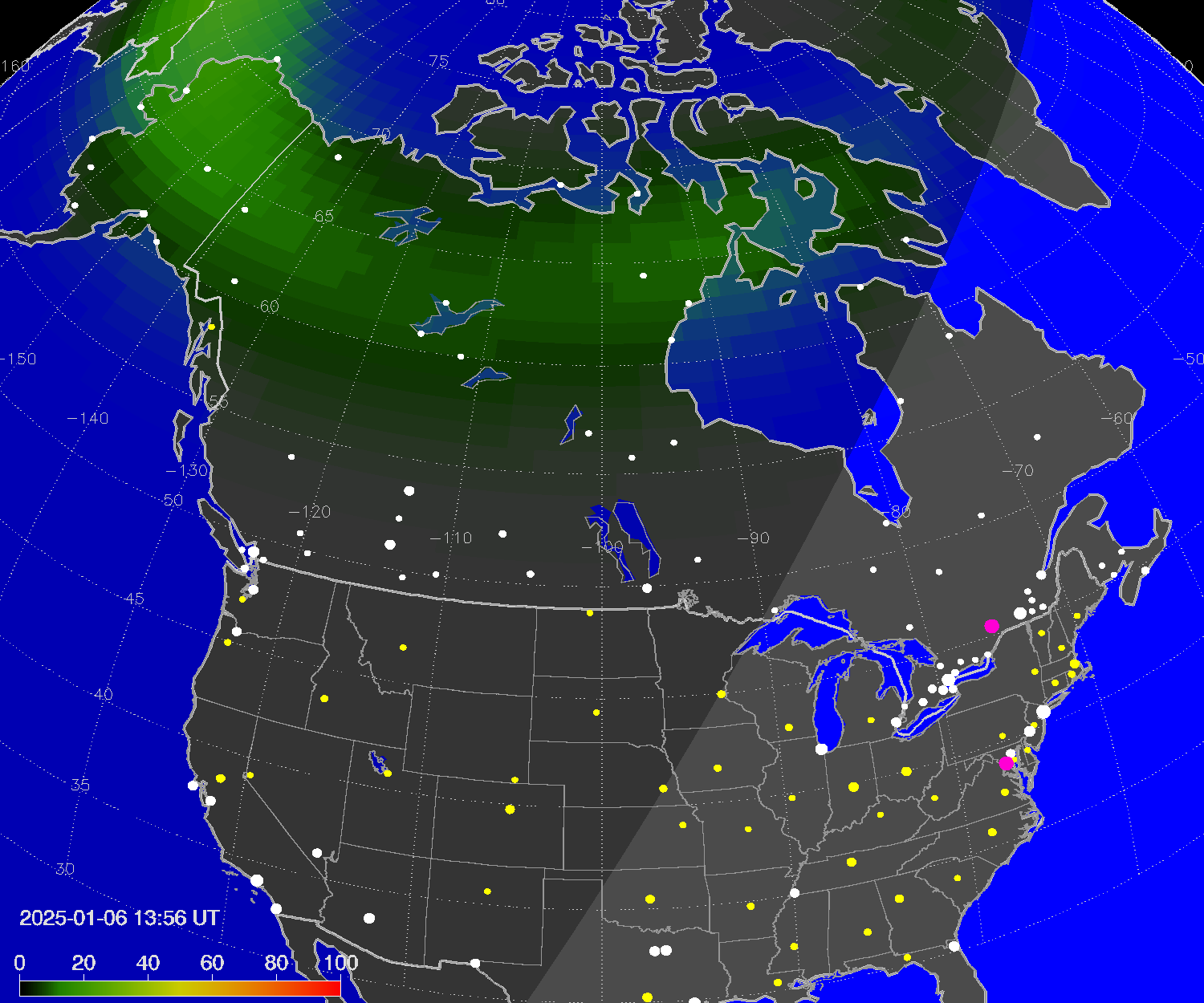 Northern lights (auroras) over North America