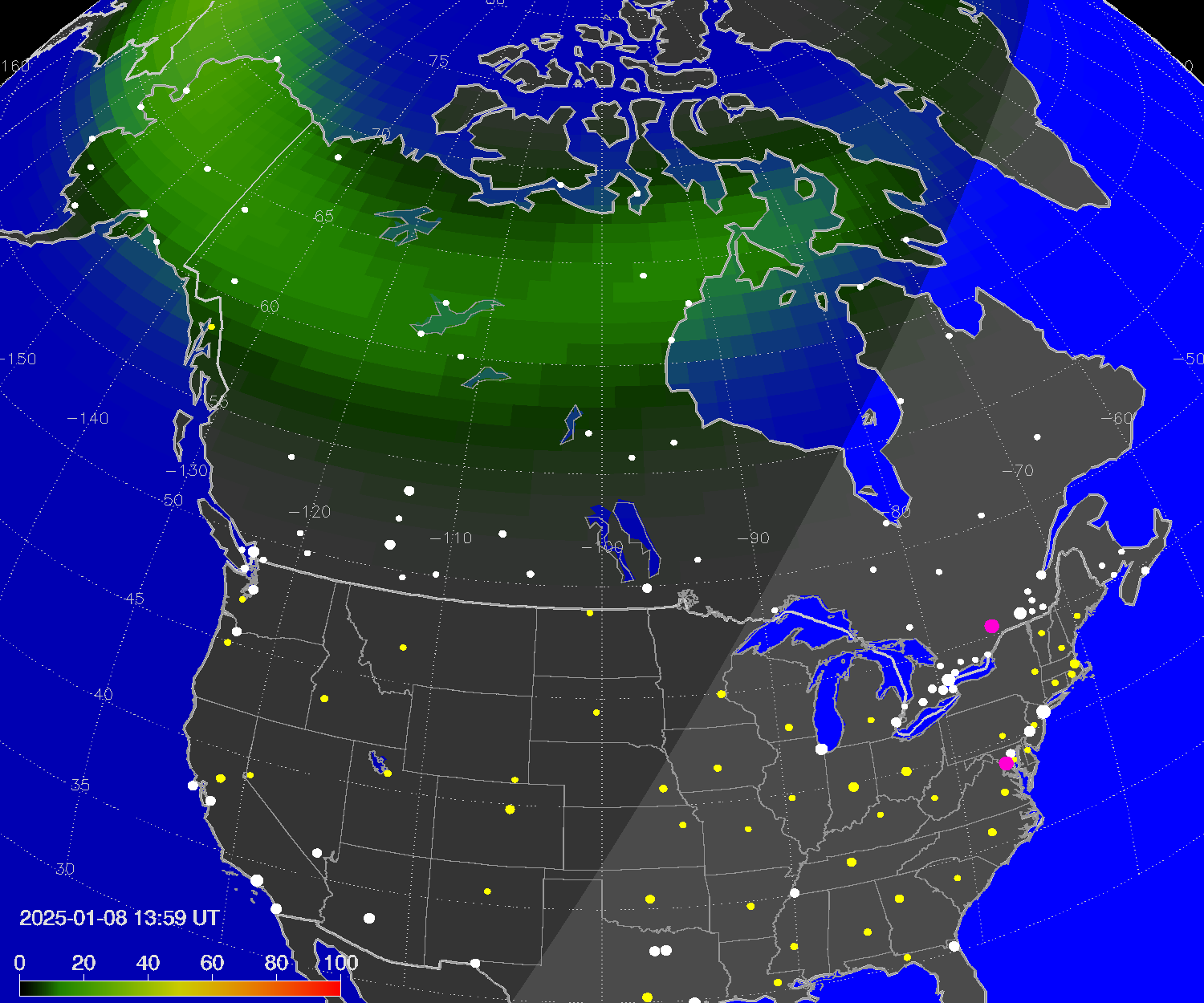 Northern lights (auroras) over North America