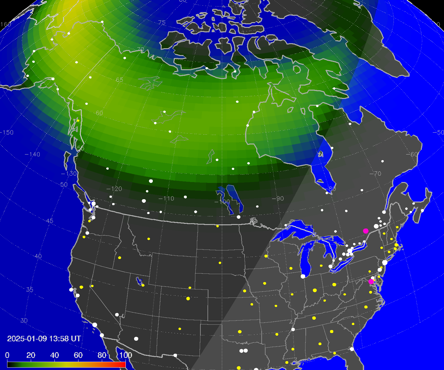 Northern lights (auroras) over North America