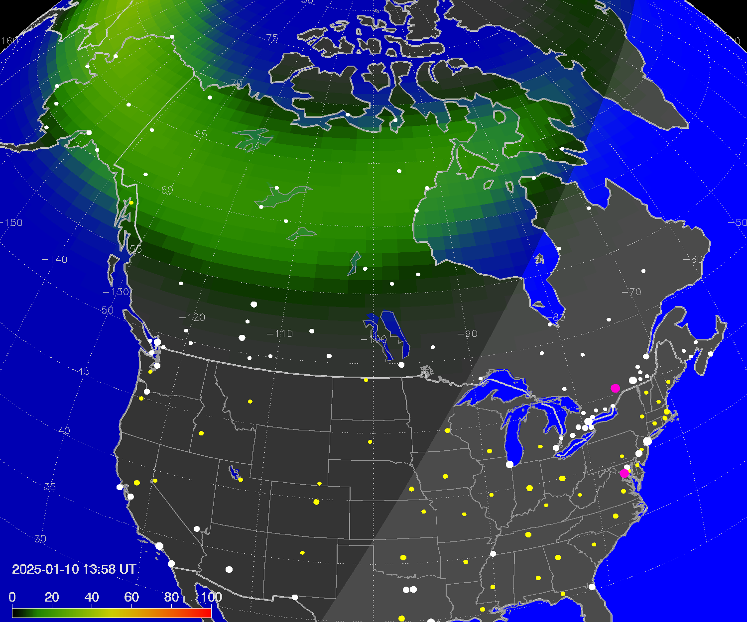 Northern lights (auroras) over North America