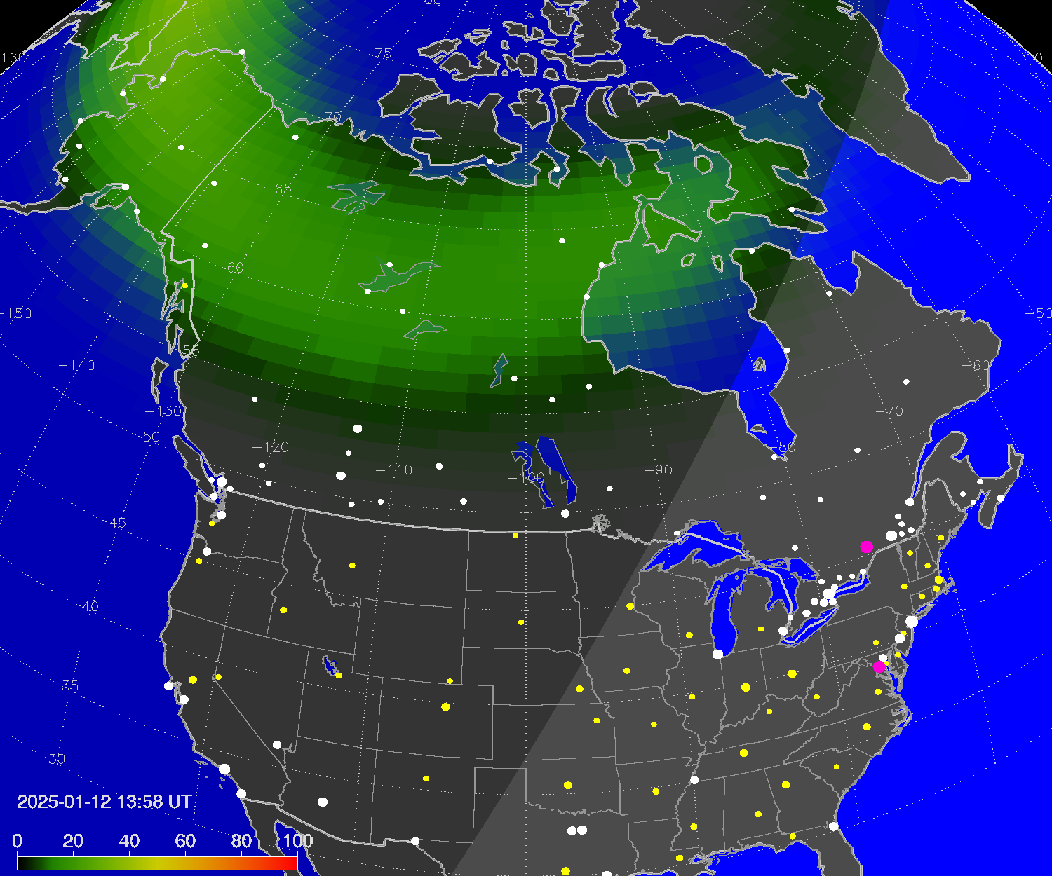 Northern lights (auroras) over North America